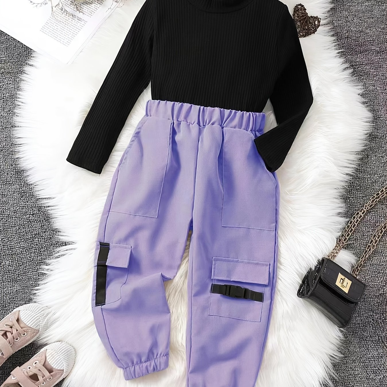 Girl's Cargo Pants Outfit Ribbed Long Sleeve Top Trendy - Temu
