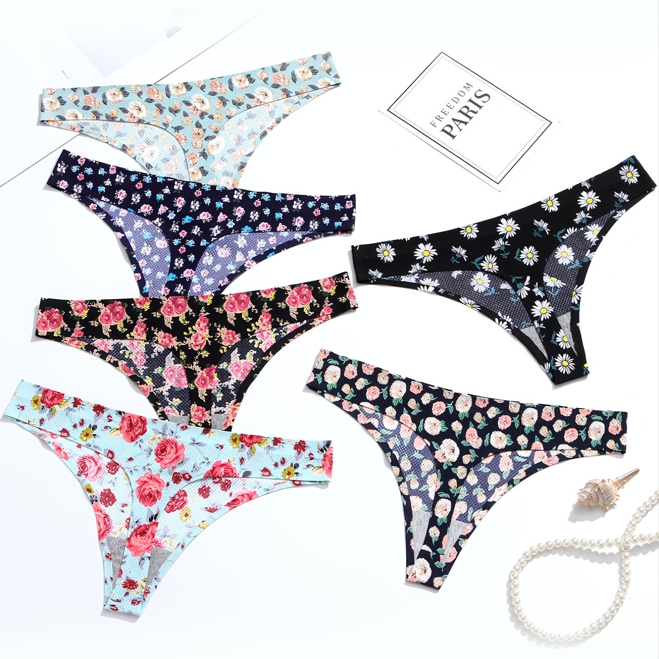 PULLIMORE 4 Packs Seamless Thongs for Women Breathable No Show Panties  Floral Print Thong Underwear (L, Floral Pattern)