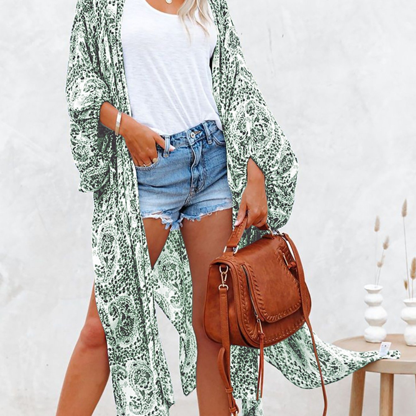 Green print fringed beach cardigan casual loose cover ups kimono shop