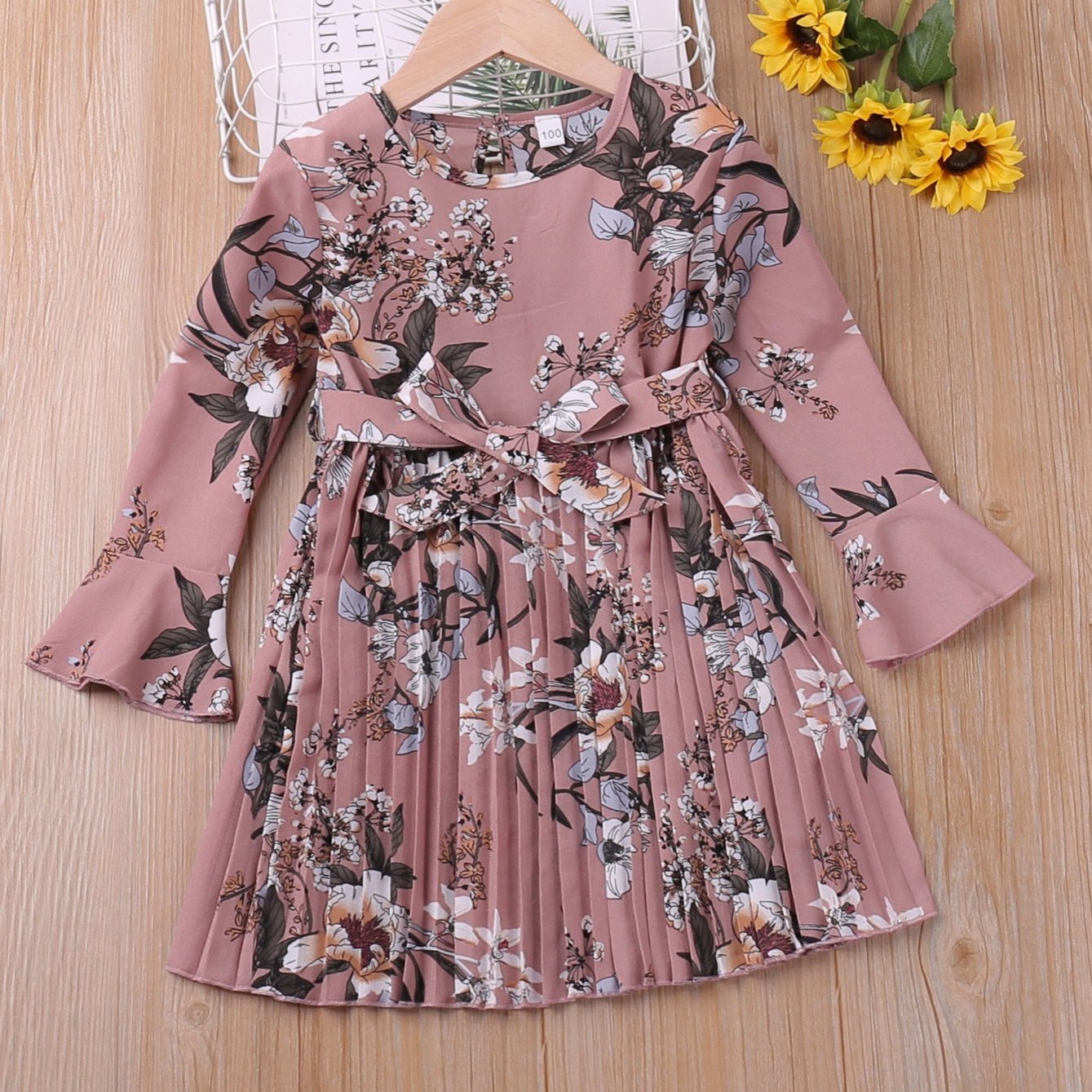 little girls boho floral flare long sleeve casual pleated dress for party going out kids spring fall clothes  