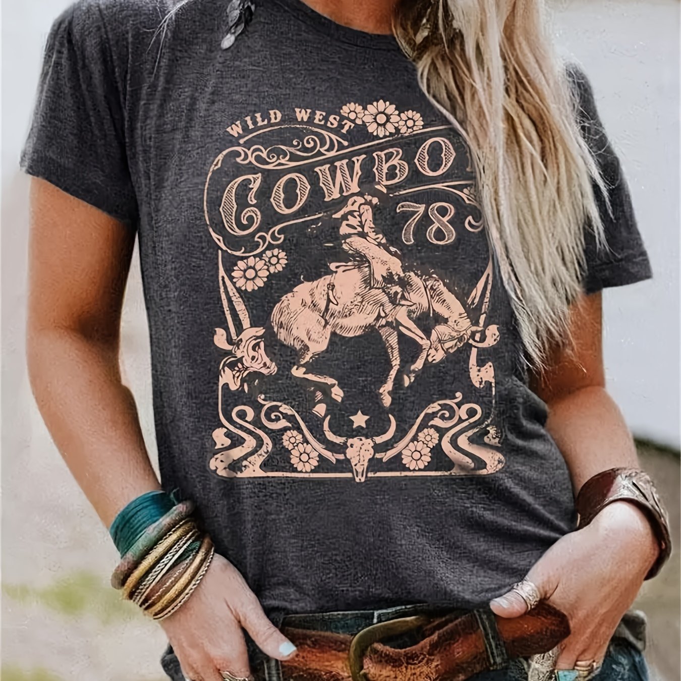 Vintage Cowboy Graphic Print Crew Neck T shirt Retro Style - Temu