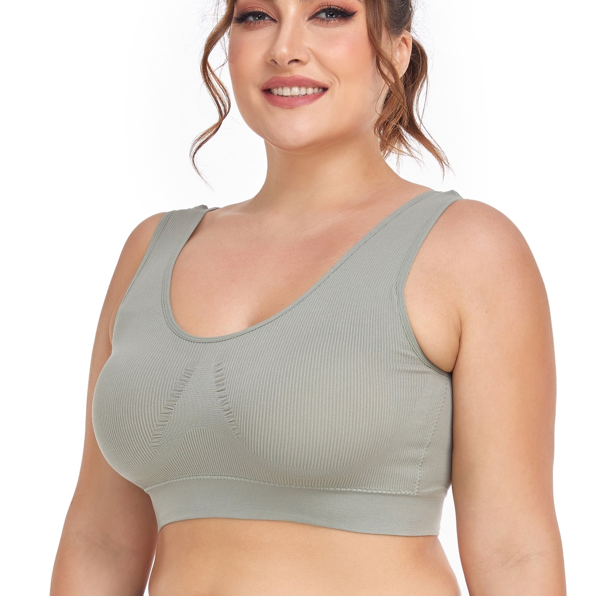 Plus Size Solid Ribbed Full Coverage Seamless Bra, Women's Plus High  Stretch Round Neck Sports Bra