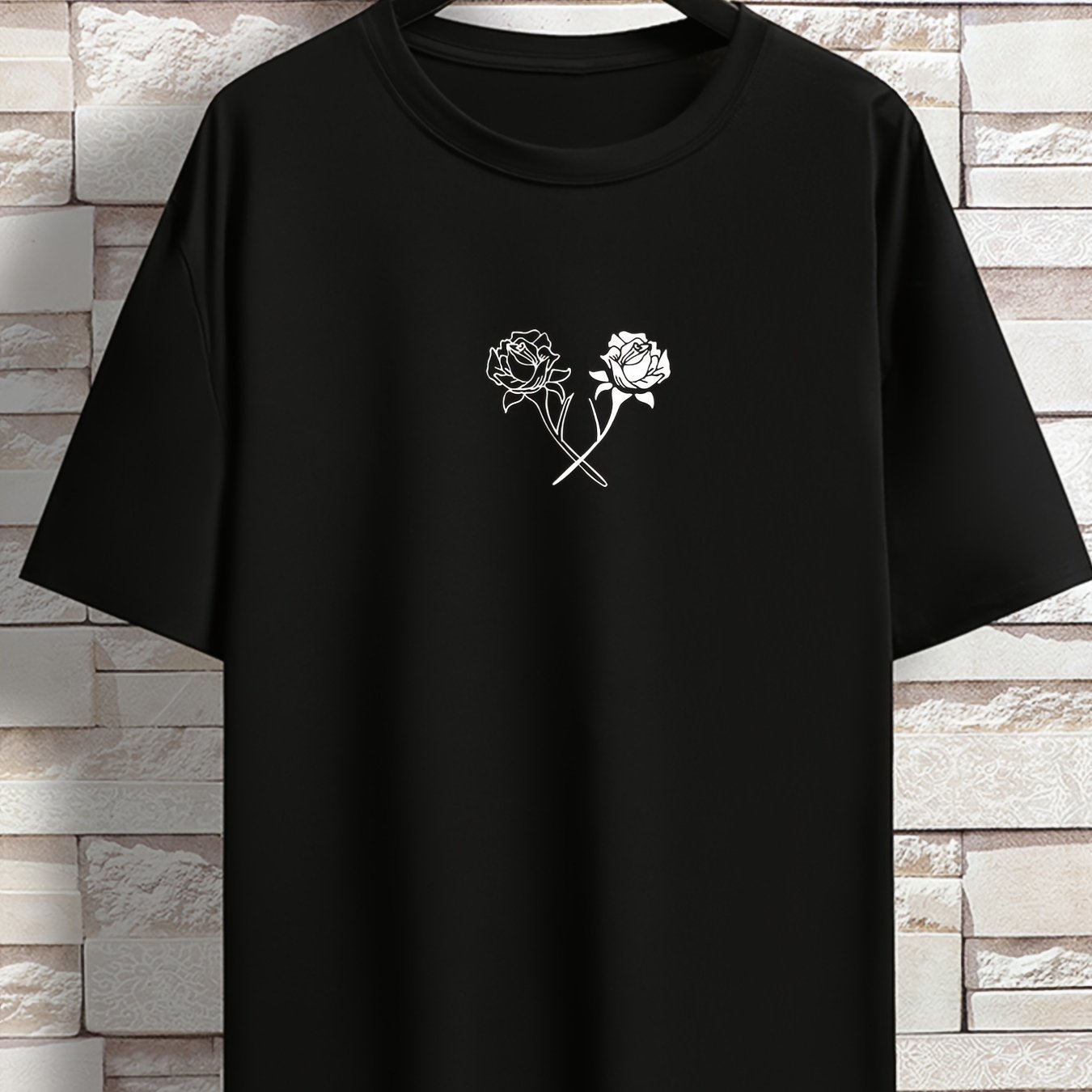 TEMU Men's Rose Neck Stretch T-shirt, Oversized Short Sleeve Tops, Plus Size Casual Clothing For , Valentine's Day Print