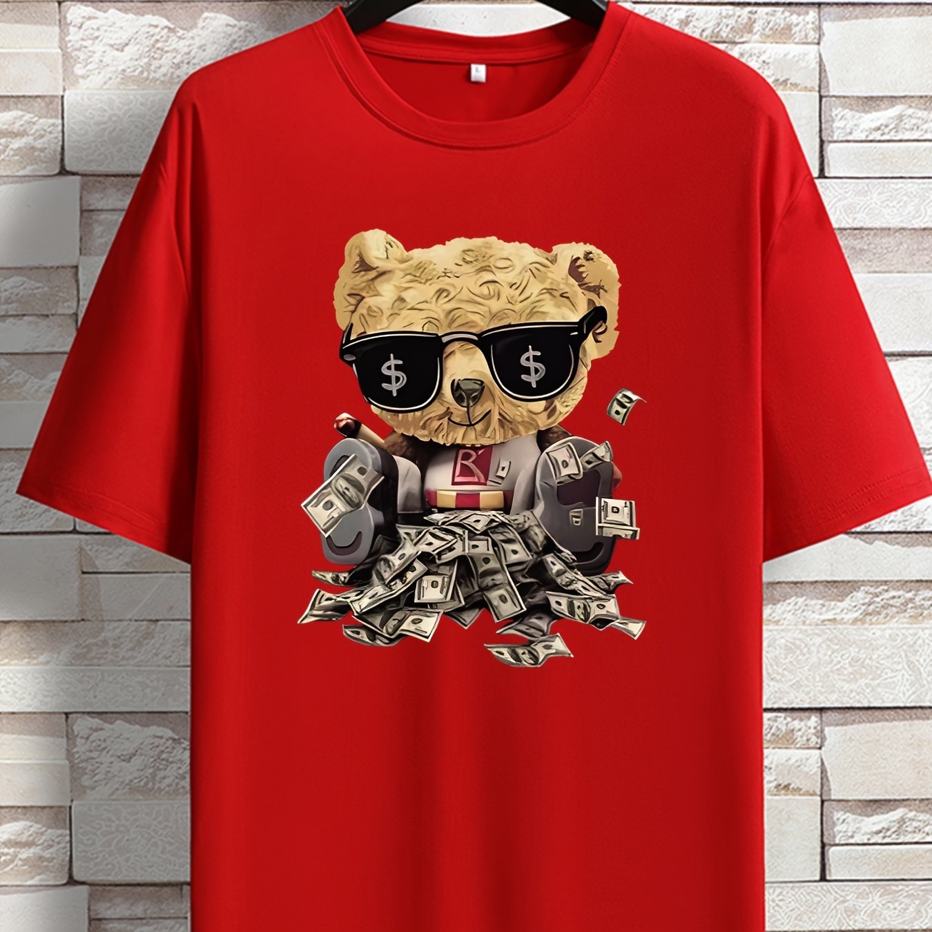 Men's Cartoon Billionaire Teddy Bear Print Casual Round Neck Short Sleeve T- shirt - Temu