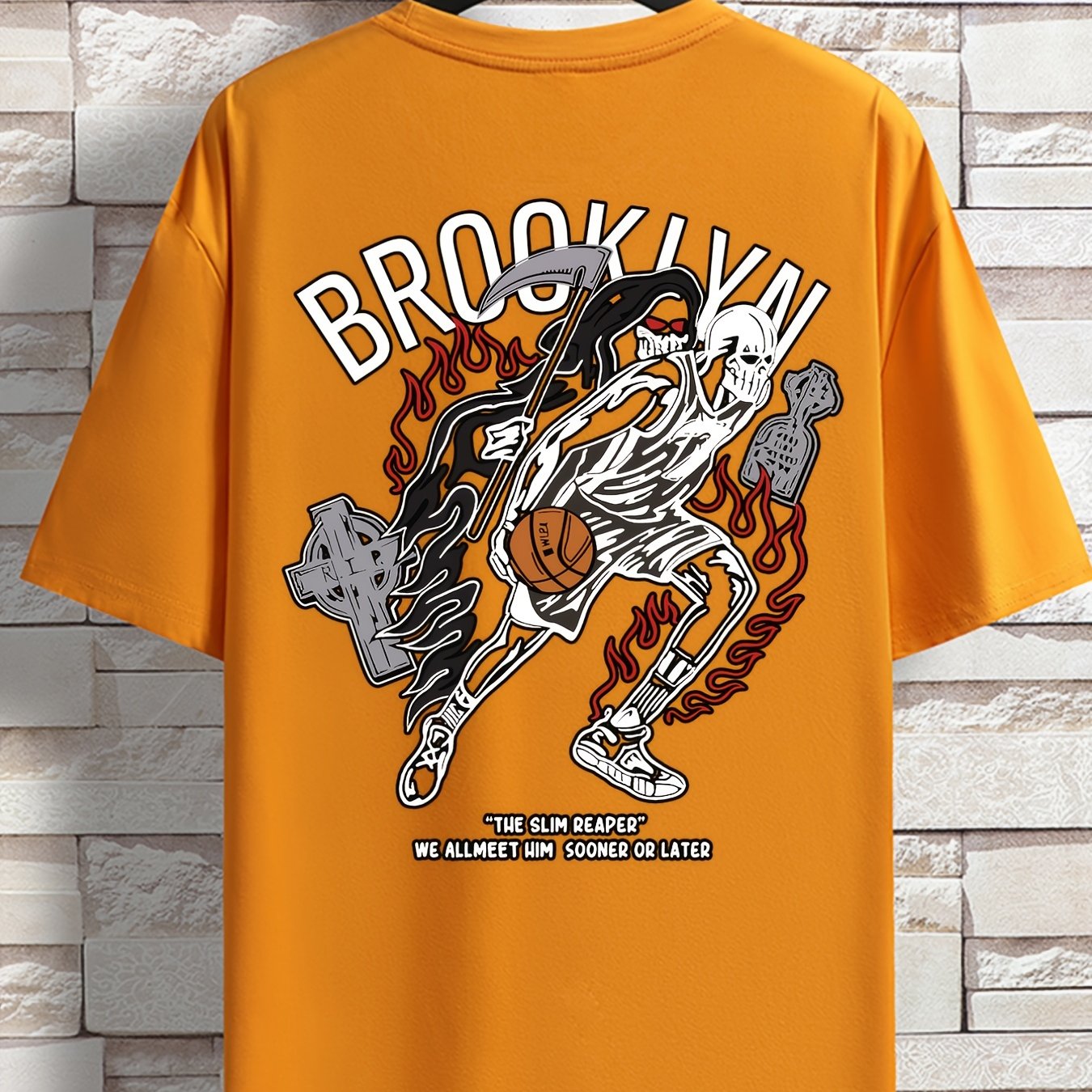 Men's 'brooklyn' Basketball Theme Print Crew Neck Stretch T - Temu