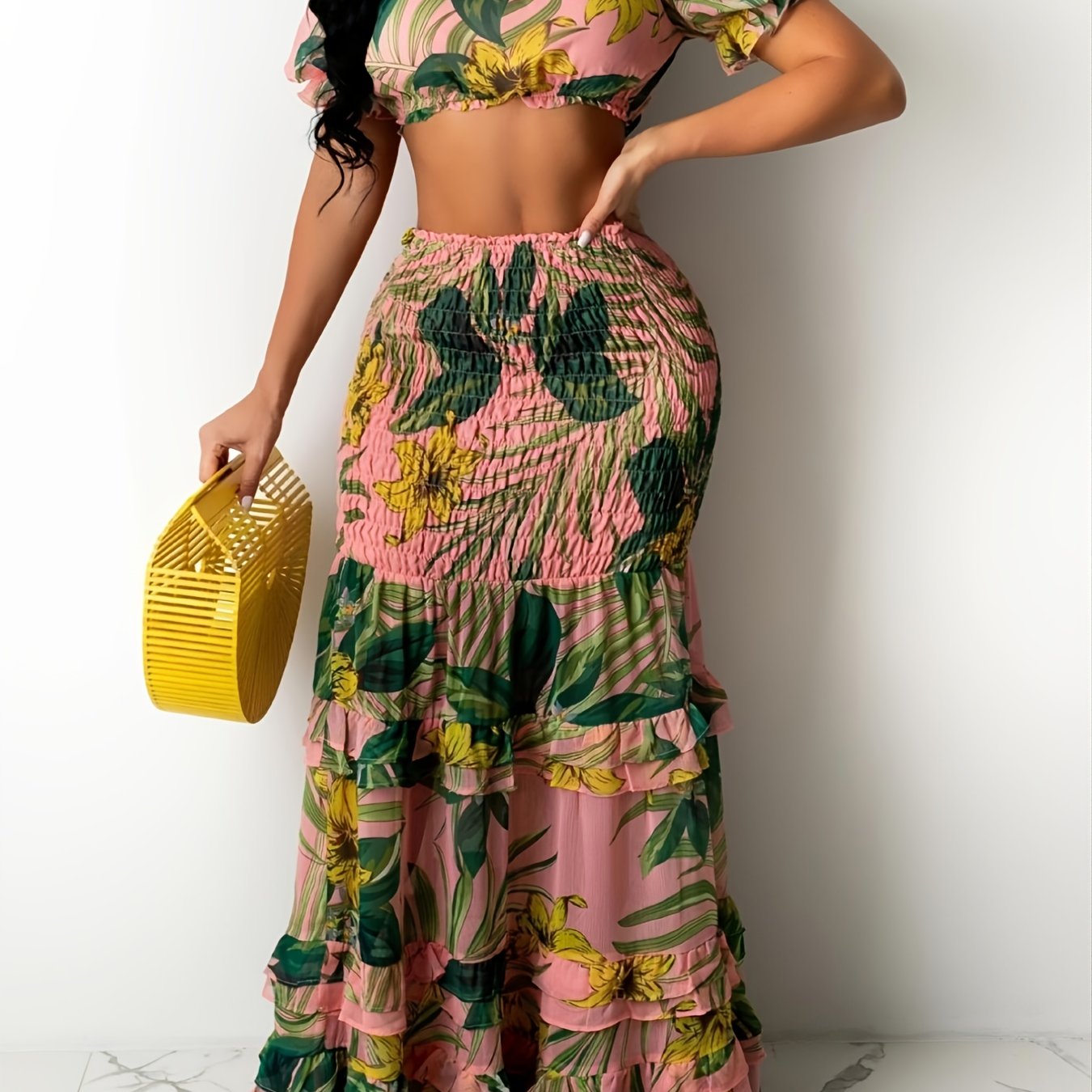 Boho Floral Print Two piece Set Flutter Sleeve Crop Top Wide - Temu