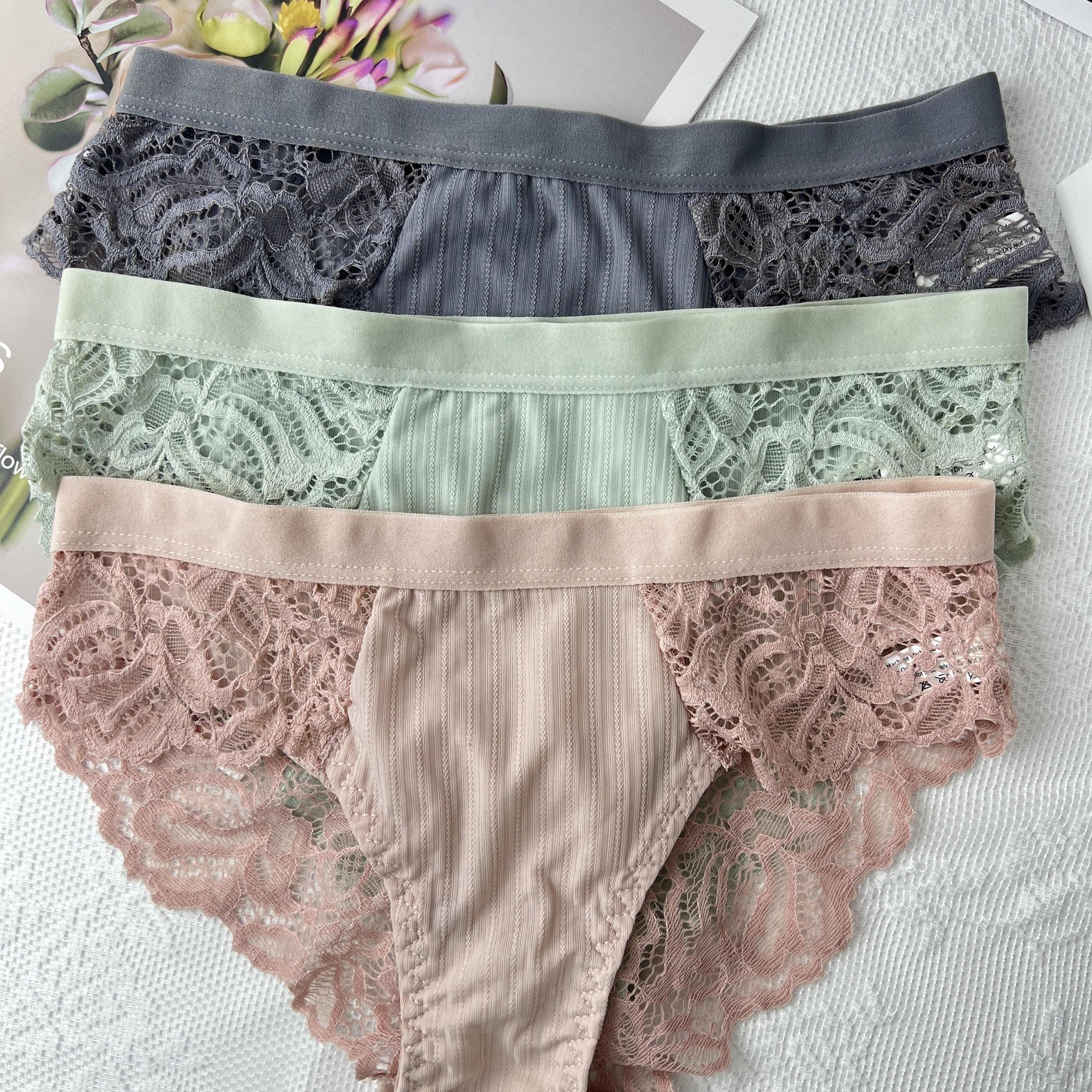 5pcs Set Solid Lace Trim Ribbed Low Waist Panties, Cute Everyday Briefs,  Women's Lingerie & Underwear