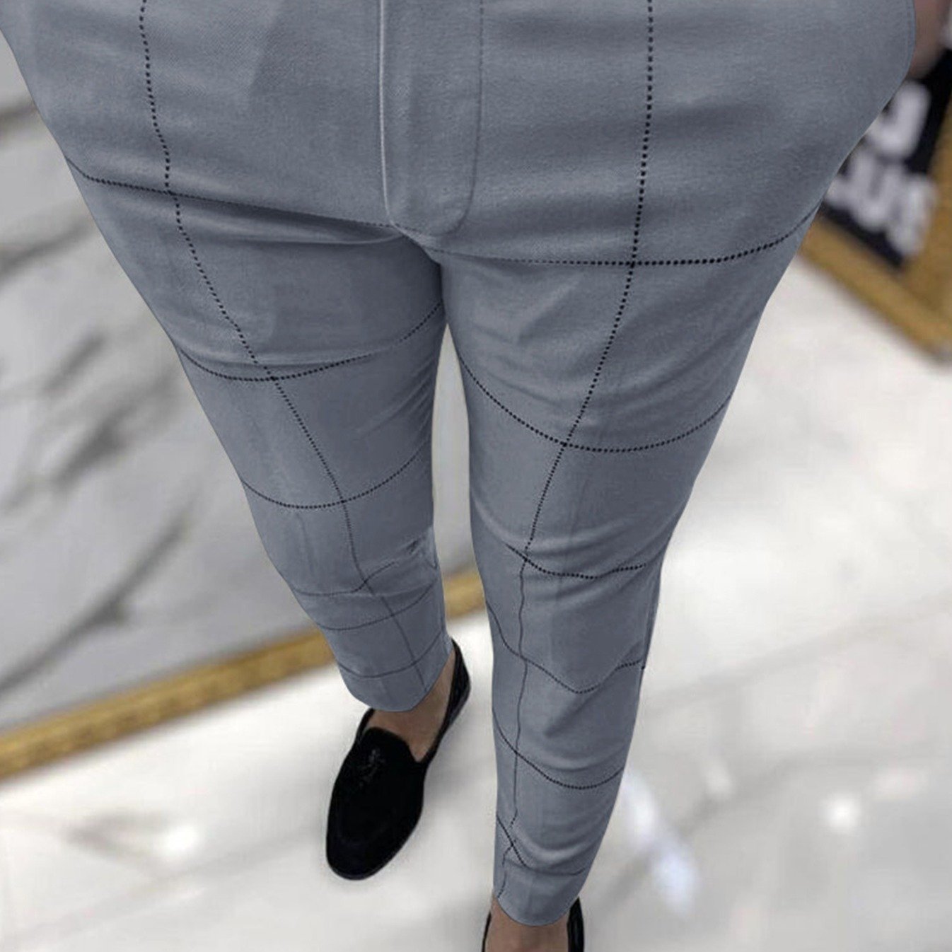  FXZMJN Pantalones de mezclilla ajustados a cuadros