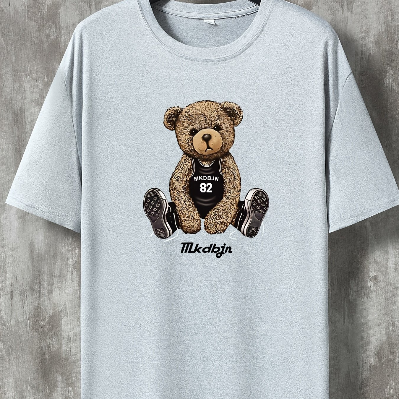 Tees For Men, Denim Teddy Bear Print T Shirt, Casual Short Sleeve