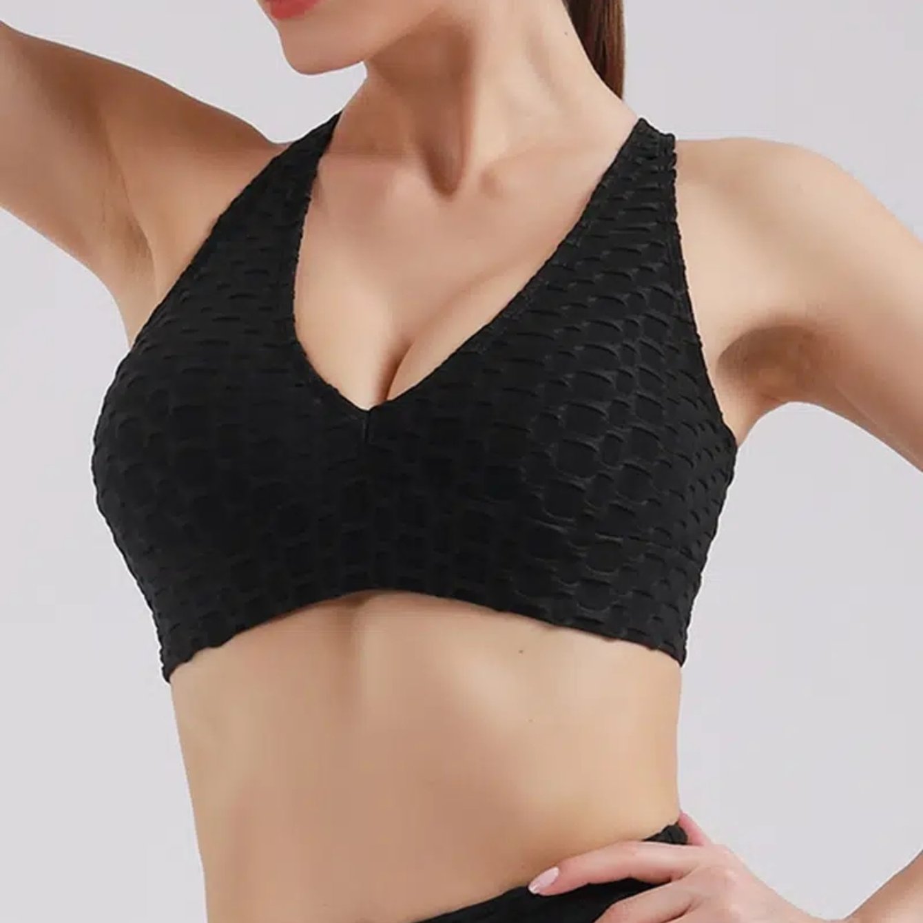 Solid Halter Neck Sleeveless Sports Bra Textured Honeycomb - Temu