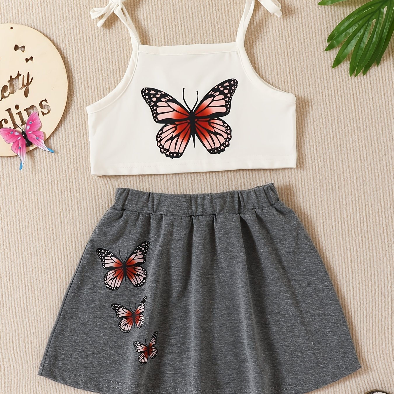 Girl's Butterfly Pattern Outfit 2pcs, Crop Top & Sundress Set, Kid's Trendy  Clothes For Summer