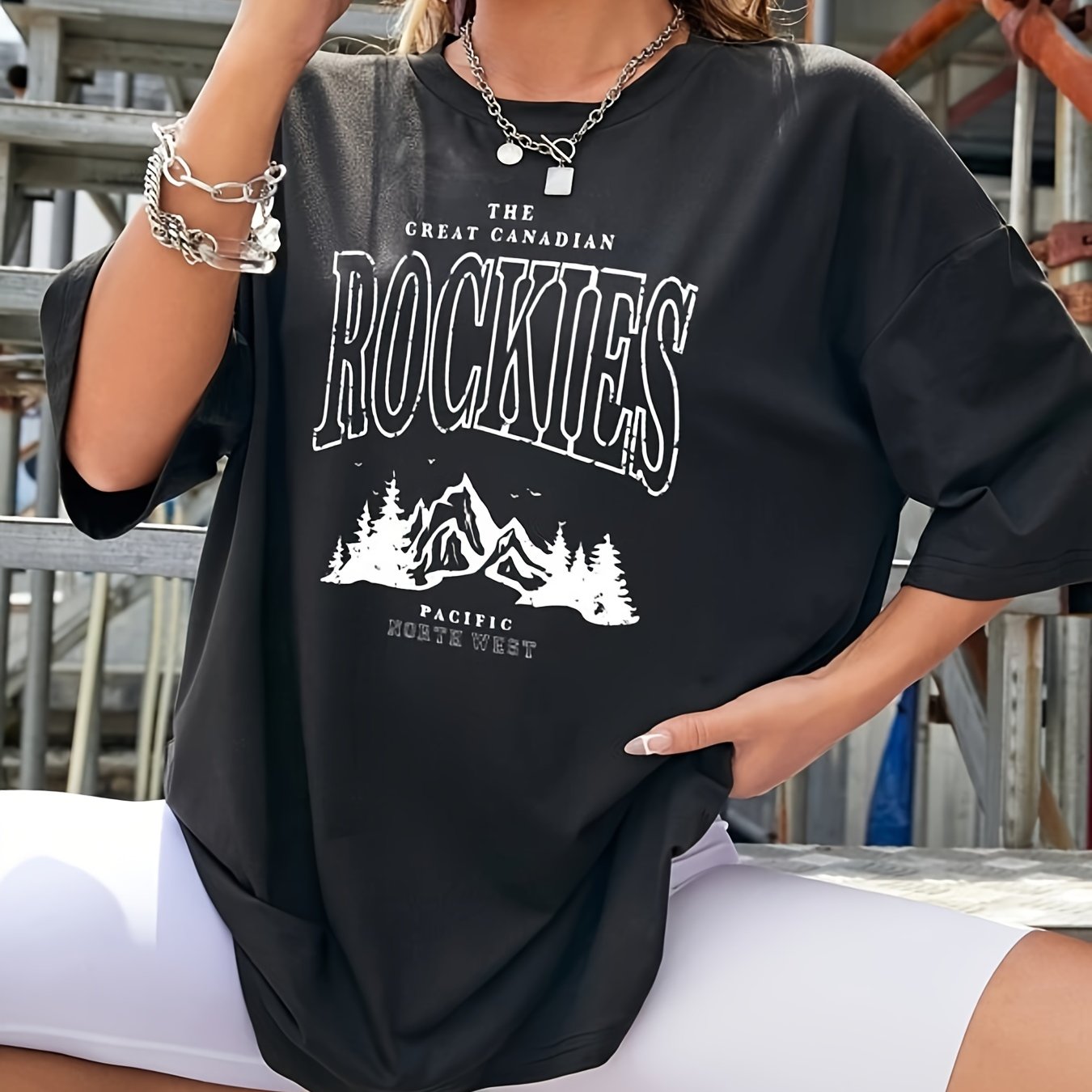 Rockies Print Graphic T Shirt Drop Shoulder Short Sleeve Casual