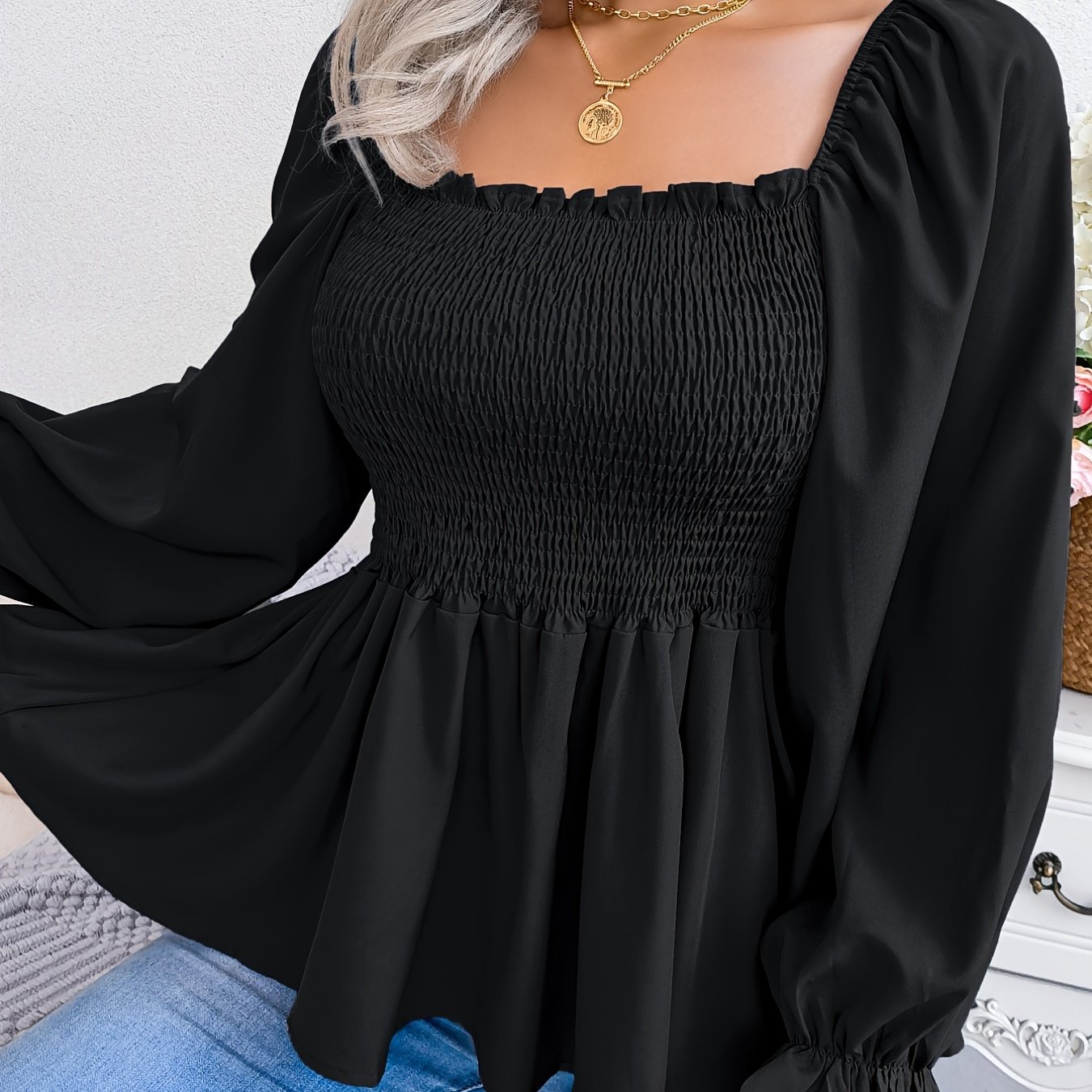 2023 Spring/summer European And Solid Neck Flared Sleeve Ruffle Hem Chiffon Blouse