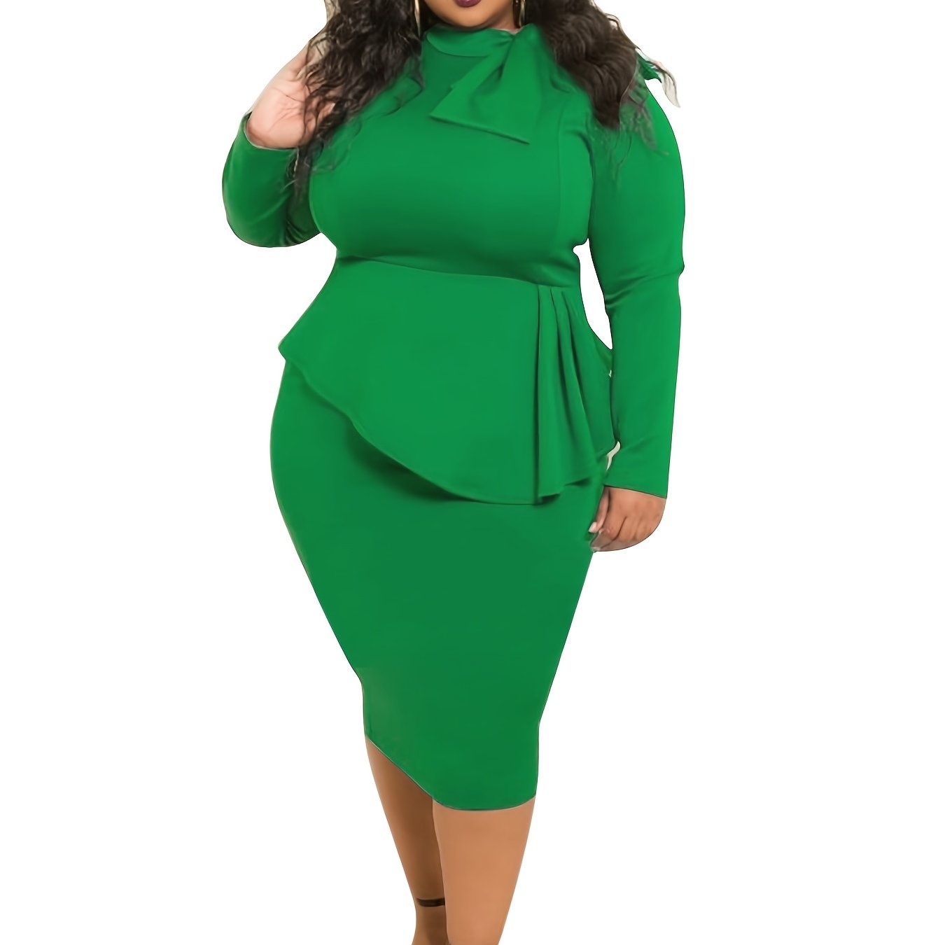 Plus Size Solid Neck Knot Long Sleeve Midi Dress Women s Plus Slight 