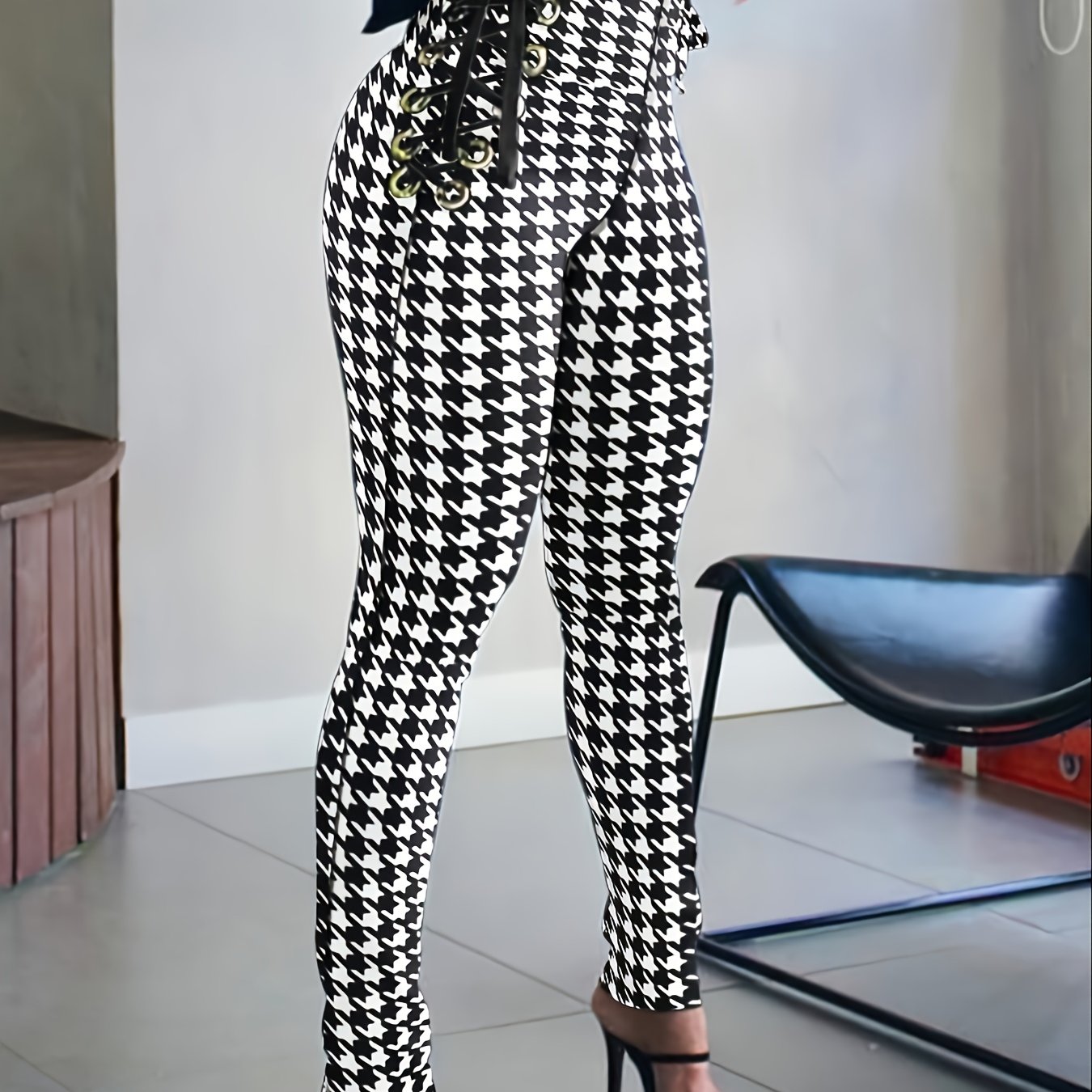 Houndstooth Skinny Leggings Pants, Side Lace Up High Waist Stretchy Pants,  Casual Every Day Pants, Women's Clothing