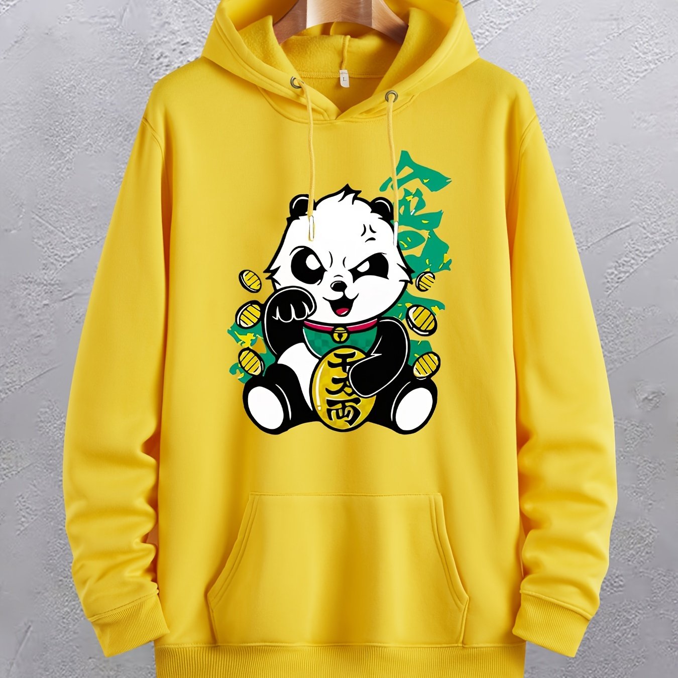 TEMU Men's Plus Size Cartoon Panda Print Warm Fleece Hoodie Oversized Plain Color Drawstring Pocket Hooded Sweatshirt Thick Thermal Tops For Spring