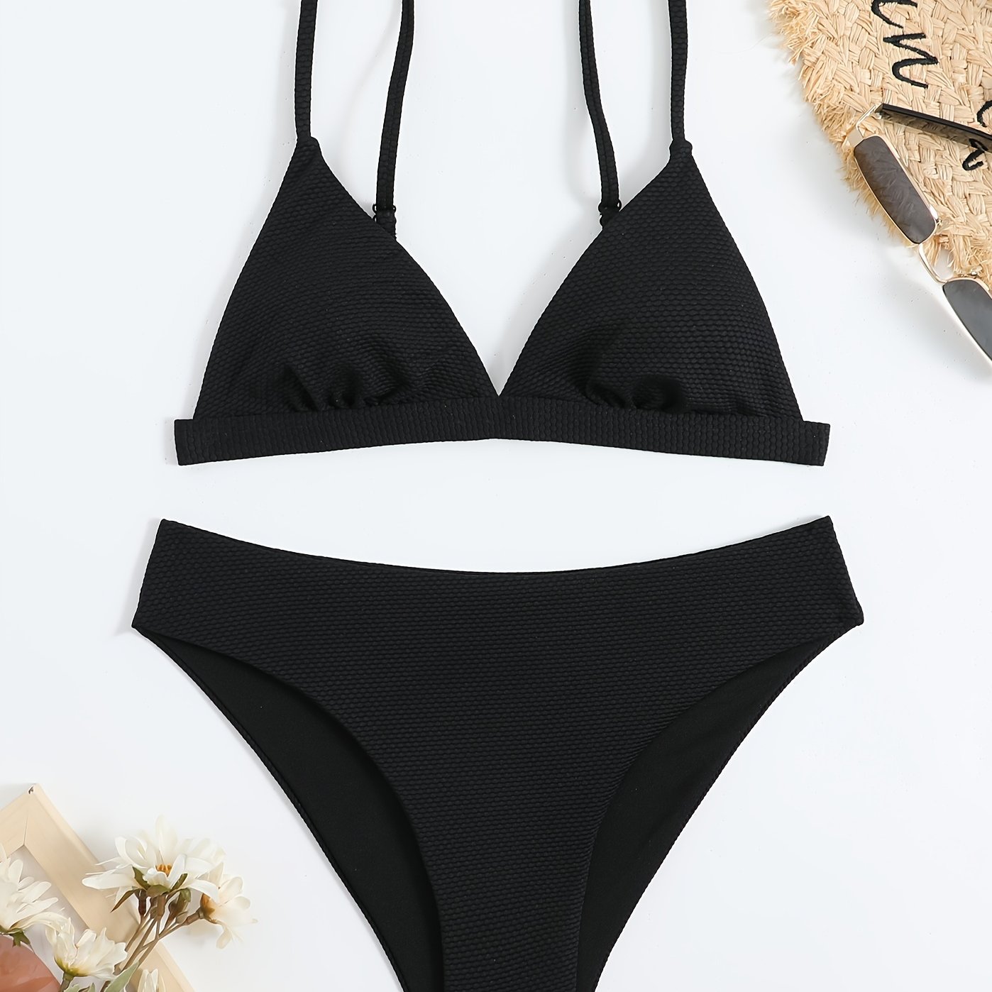 Black Triangle Bikini Sets Buckle Back Stretchy Spaghetti Straps High ...