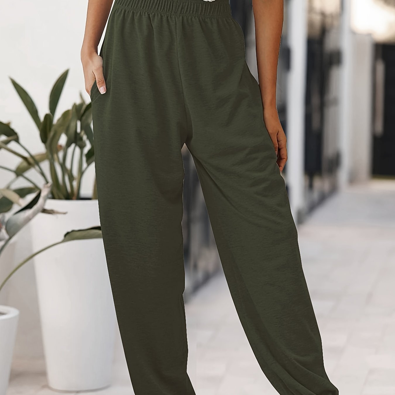 Pantalones elásticos sólidos casuales para mujer, pantalones de cintura  alta con bolsillos, pantalones casuales para todos los días, ropa de mujer