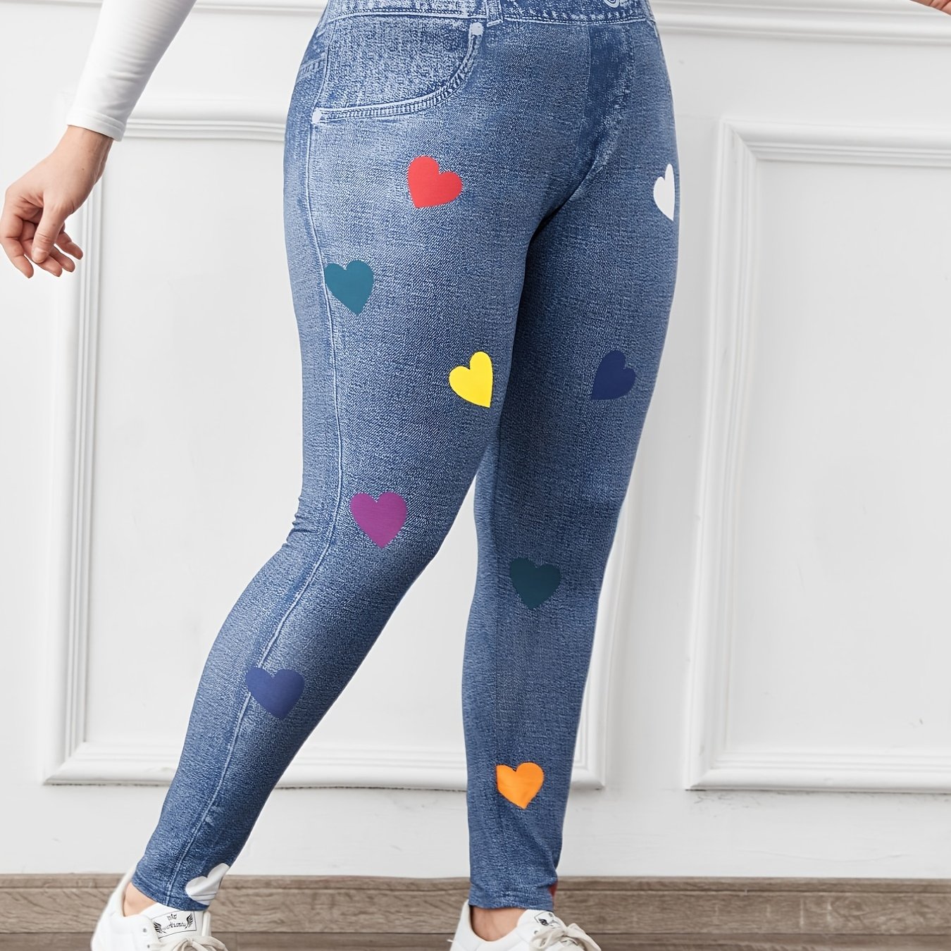 Plus Size Butterfly & Denim Print High * Lggings, Women's Plus Slight  Stretch Casual Skinny Leggings