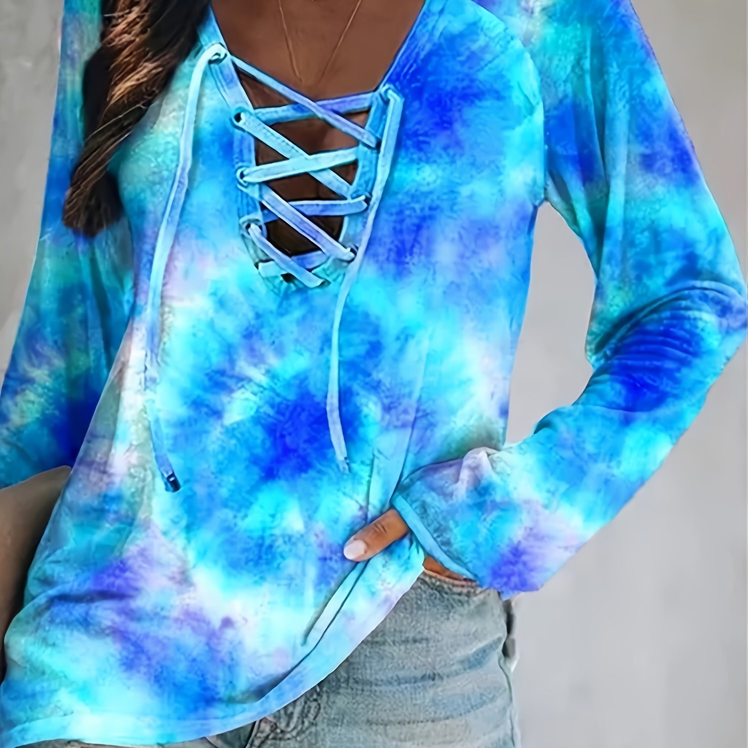 Image of Ladies Tie Dye Long Sleeve Strap V-neck T-shirt Streetwear Women's Casual Loose Plus Size Top T-shirts