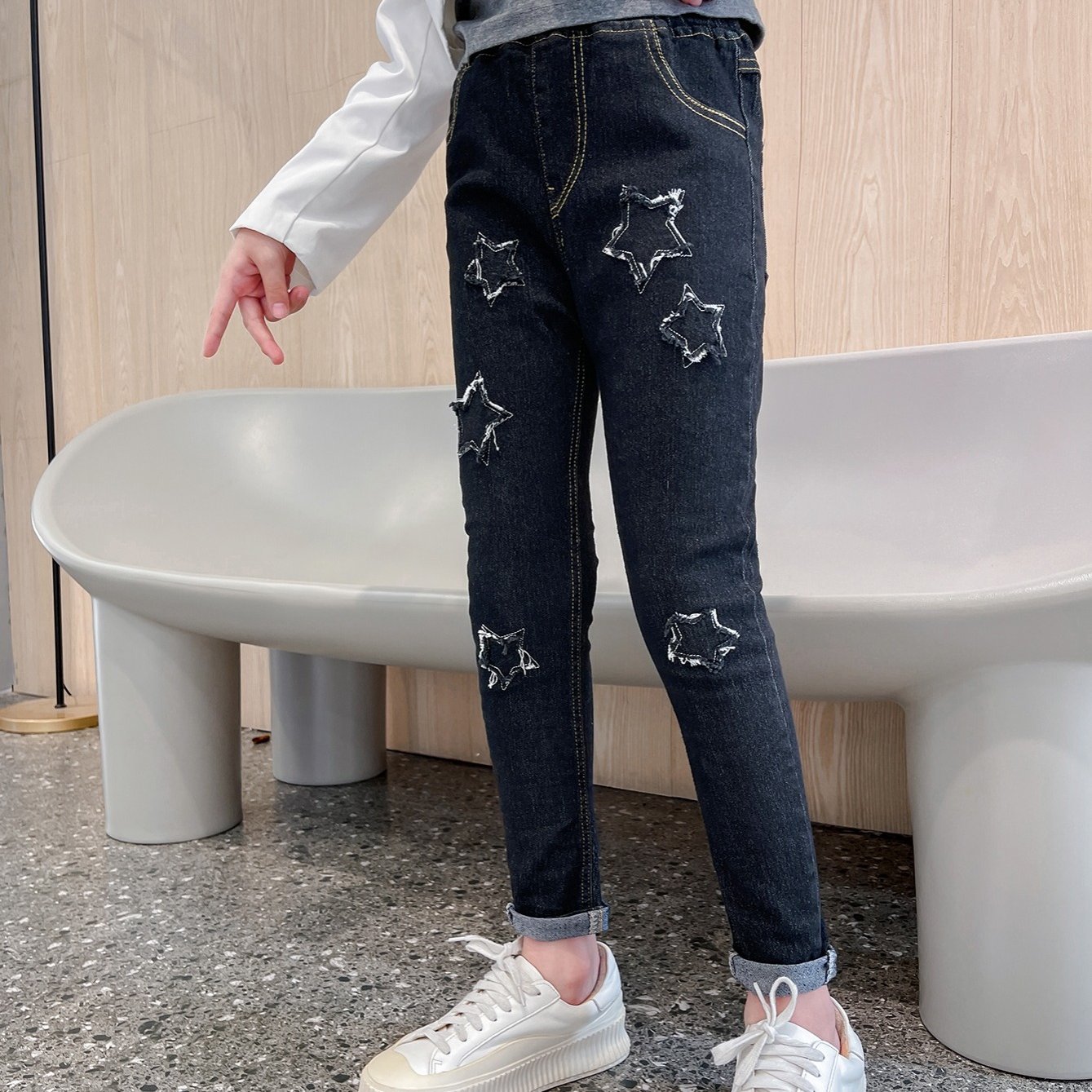 Kids Girls Denim Trousers Ripped Pants Jeans Pentagram Star Baggy Casual  Chic