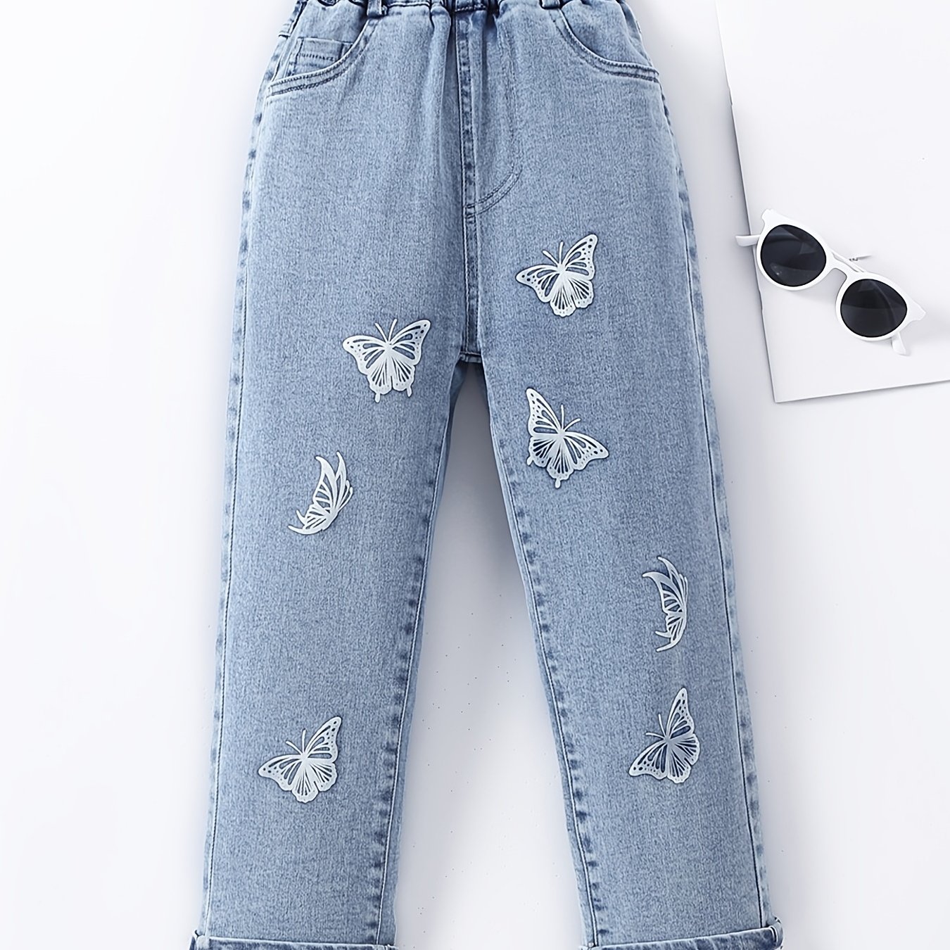 Girls Cute Butterfly Print Jeans, Fall/ Winter Casual Wide Leg Denim Pants