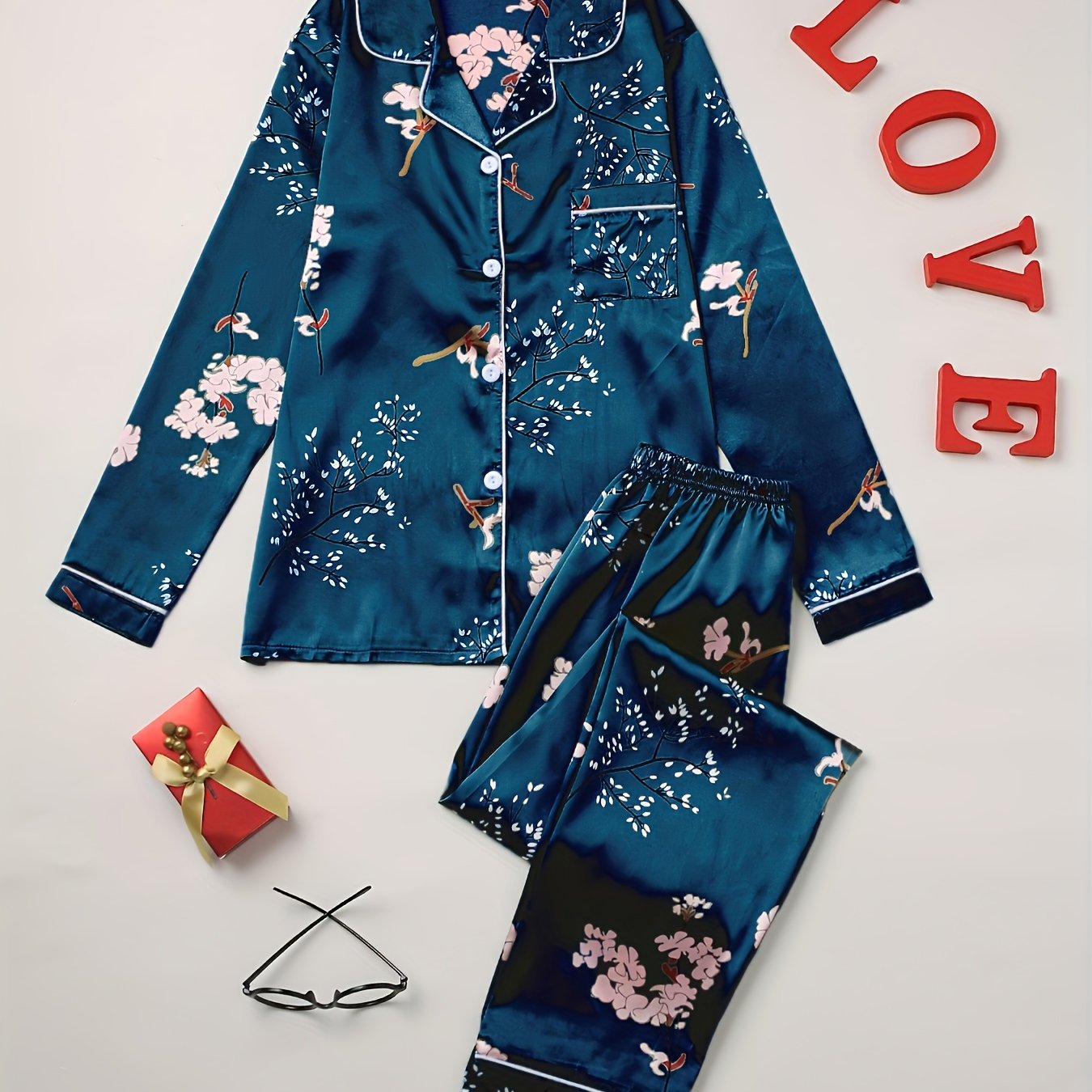Image of Blue Floral Print Satin Pajama Set For Women - Chic Long Sleeve Top & Shorts, Button-, , Comfortable Sleepwear|floral Print Pajamas|