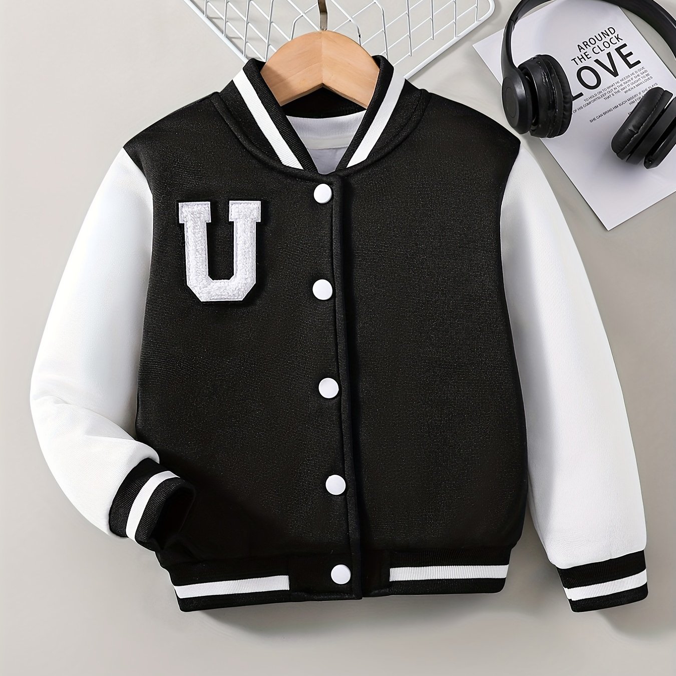 100% Mama's Mini Print Varsity Jacket For Kids, Preppy Style Bomber Jacket,  Button Front Long Sleeve Coat, Boy's Clothes For Spring Fall Outdoor - Temu