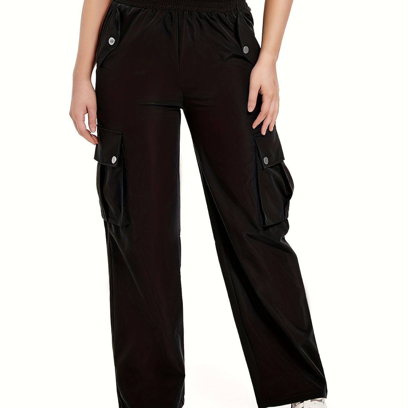 Solid Flap Pocket Loose Cargo Pants, Casual Elastic Waist Versatile Pants,  Women's Clothing