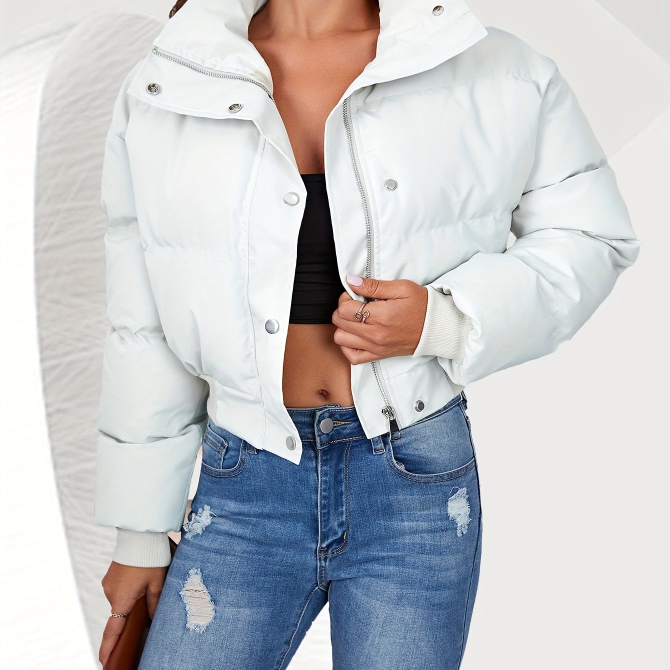 Hooded Crop Parka, Zip Up Solid Casual Jacket For Winter, 45% OFF