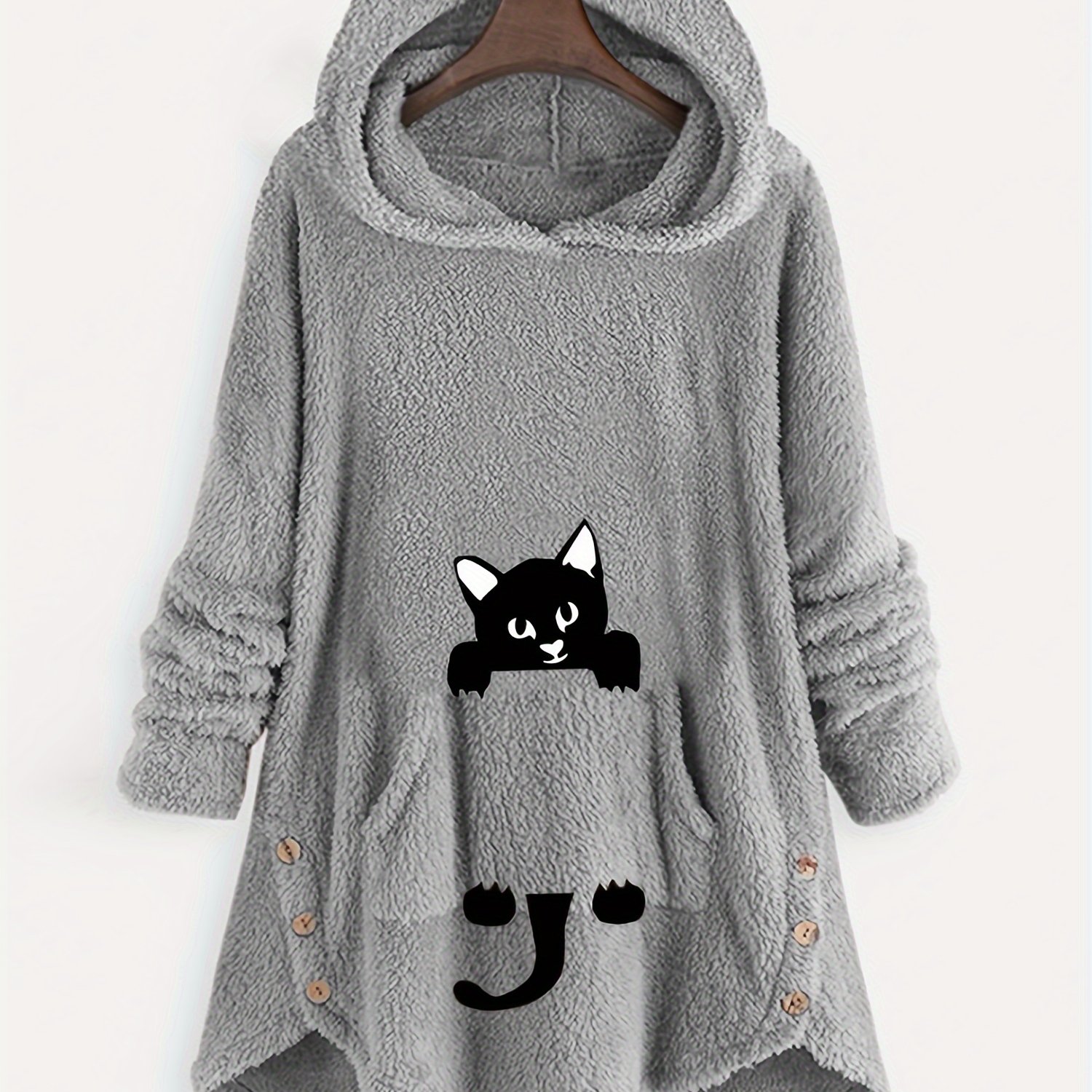 Image of Fuzzy Cat Ear Hoodie, Loose Oversized Front Pocket Hooded Sweater, Loungewear & Casual Tops For Winter, Women's Clothing