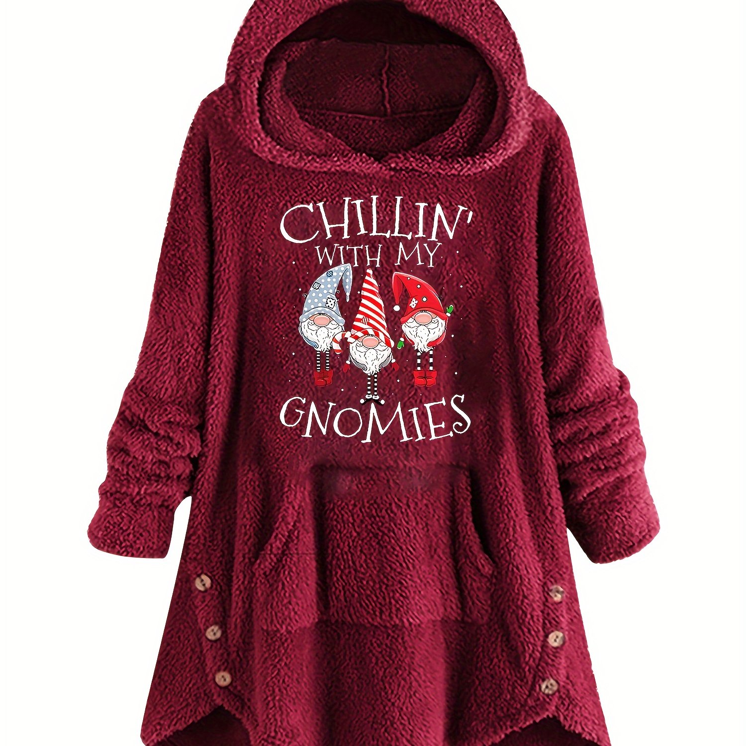 Santa Claus Print Pullover Plush Pocket Slit Sweatshirt
