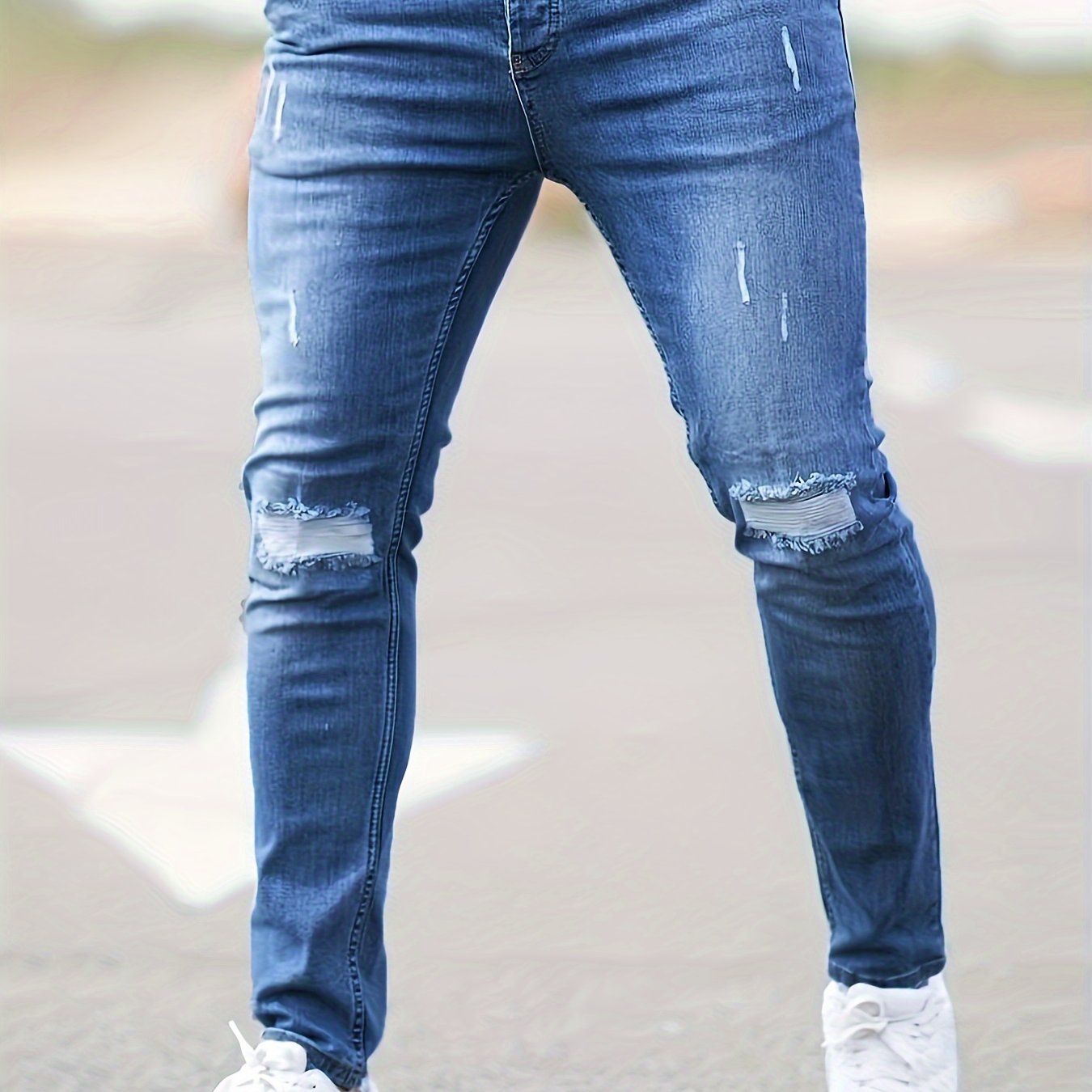 Slim Fit Stretch Jeans Men's Casual Street Style Distressed - Temu