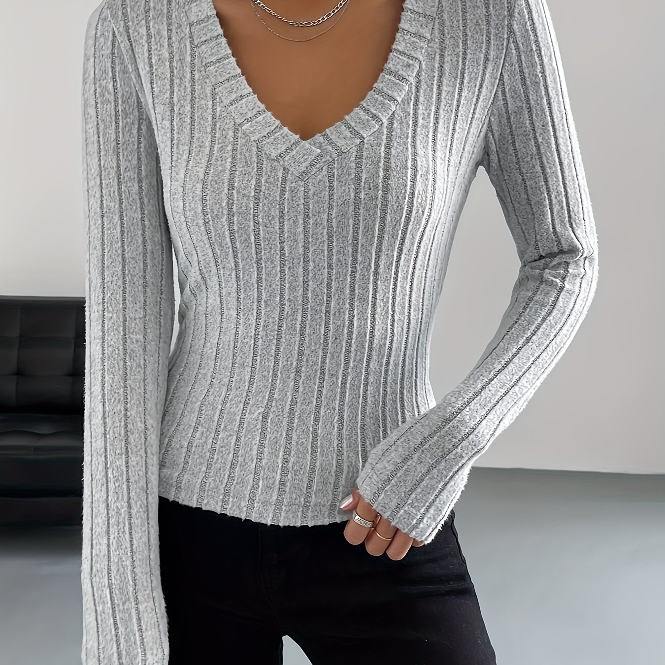 Knitted Plunging V Neck T shirt Sexy Long Sleeve T shirt - Temu