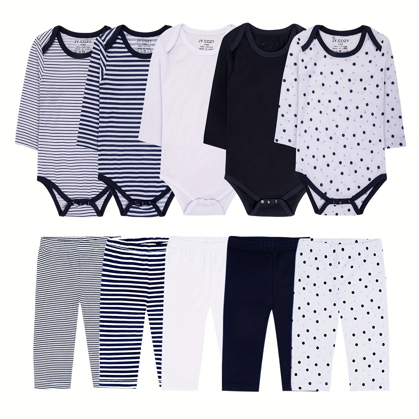 Image of Jy.cozy For 10pcs Newborn Winter Clothing & Clothes - Long Sleeve Rompers & Pants, Striped Round Neck Clothing, Hand Washable Outfits (10pcs Bundle), Perfect For Outdoor
