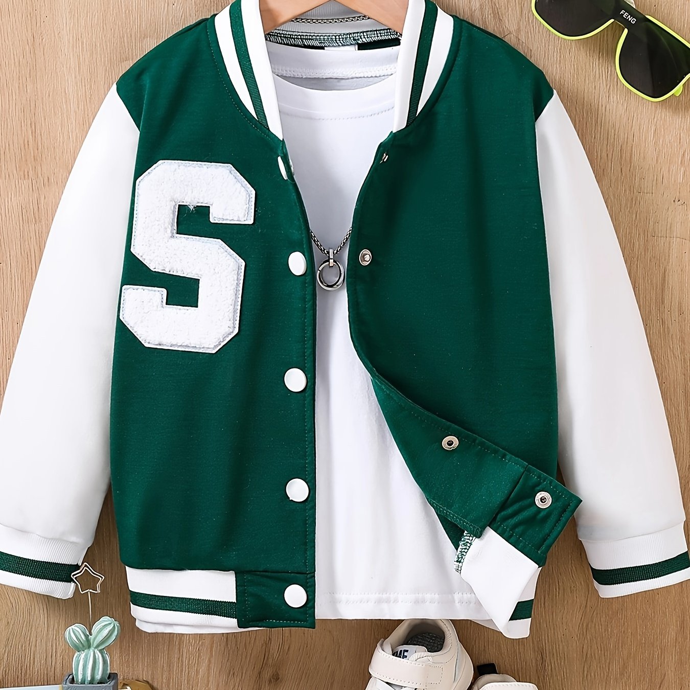 100% Mama's Mini Print Varsity Jacket For Kids, Preppy Style Bomber Jacket,  Button Front Long Sleeve Coat, Boy's Clothes For Spring Fall Outdoor - Temu