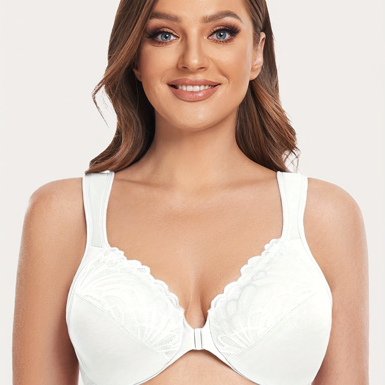 Lacy Front Hook Bra, White, Large 