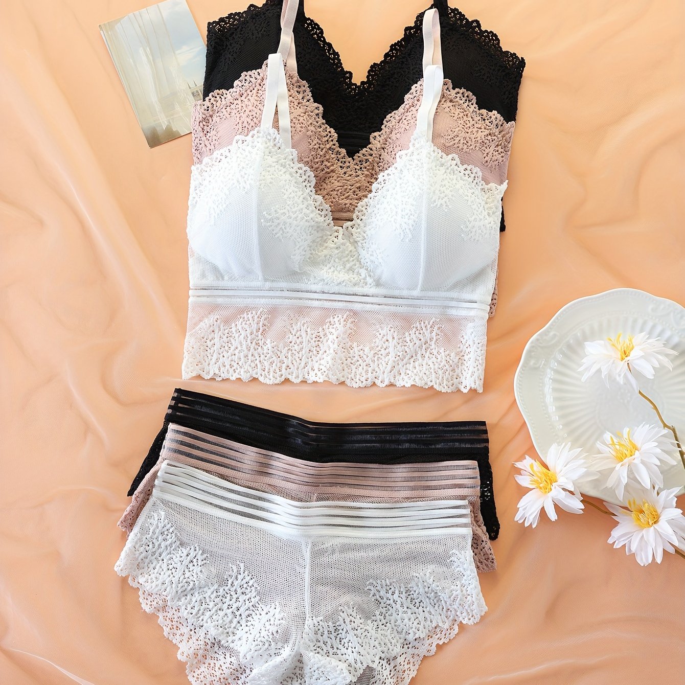 3- Sexy Comfortable Lace Bra Set, Trendy Camisole Wrap Top Women's Underwear Set