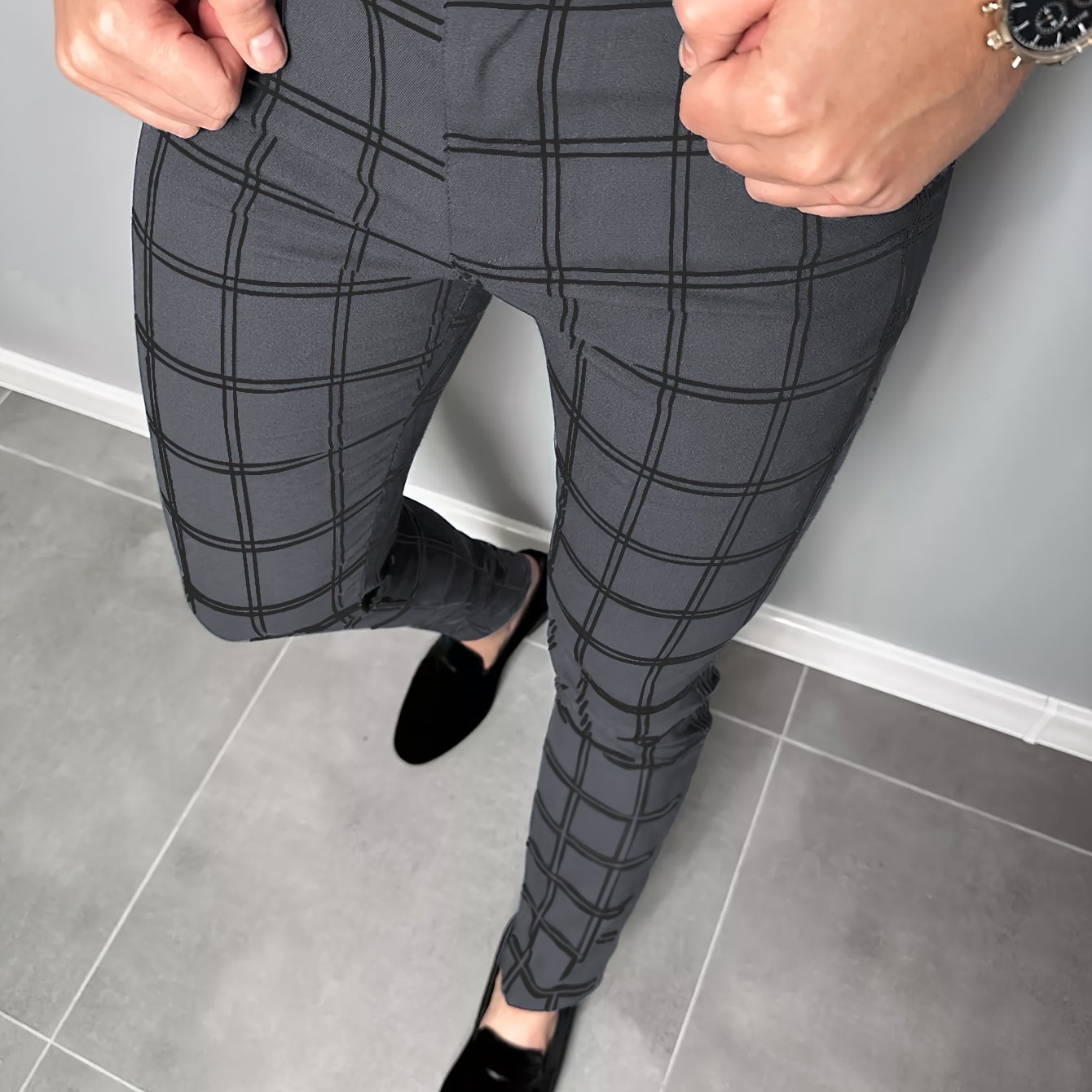 Slim Fit Plaid Slacks Men's Casual Vintage Style Slightly - Temu New Zealand