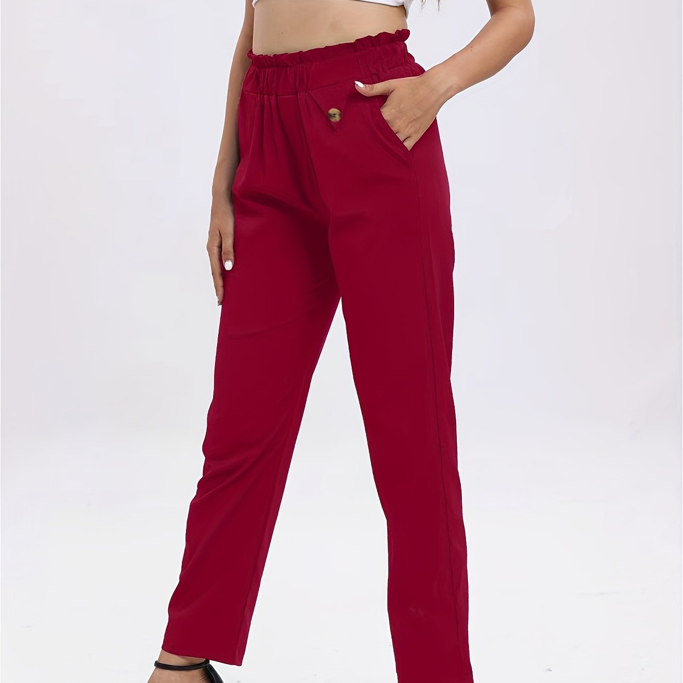 Solid Paper Bag Waist Slim Pants Casual Cropped Pants Pocket - Temu Canada