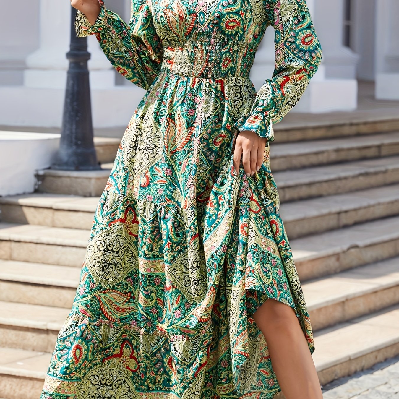 Paisley Print Shirred Waist Dress, Boho Elegant Long Sleeve Maxi Dress,  Women's Clothing