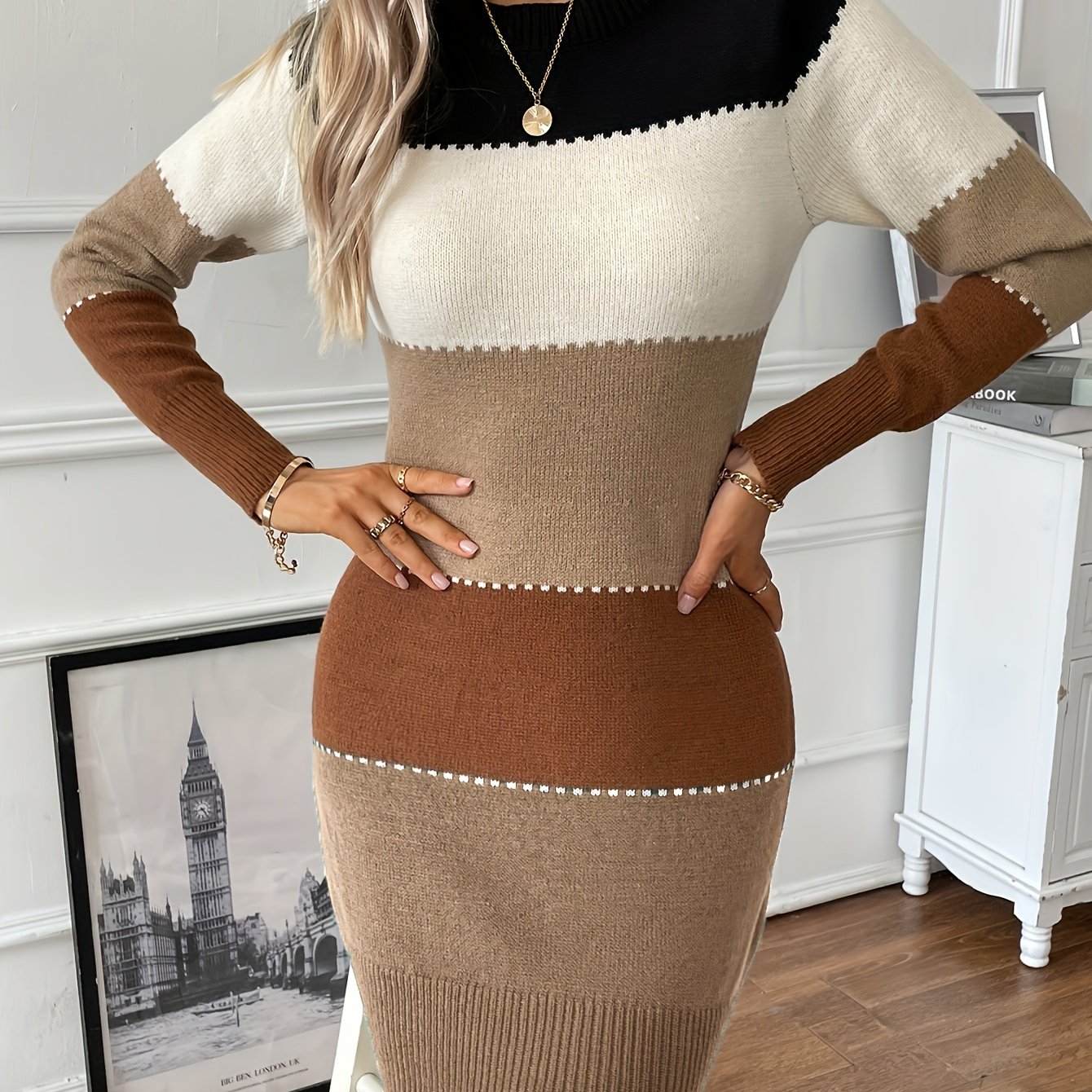 Image of Color Block Long Sleeve Dress, Elegant Crew Neck Dress, Women's Clothing