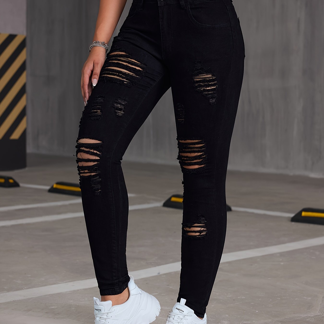 Calças jeans skinny de cintura alta, rasgadas, elásticas e justas, cintura  alta, calça jeans com botão de zíper em relevo, jeans e roupas femininas