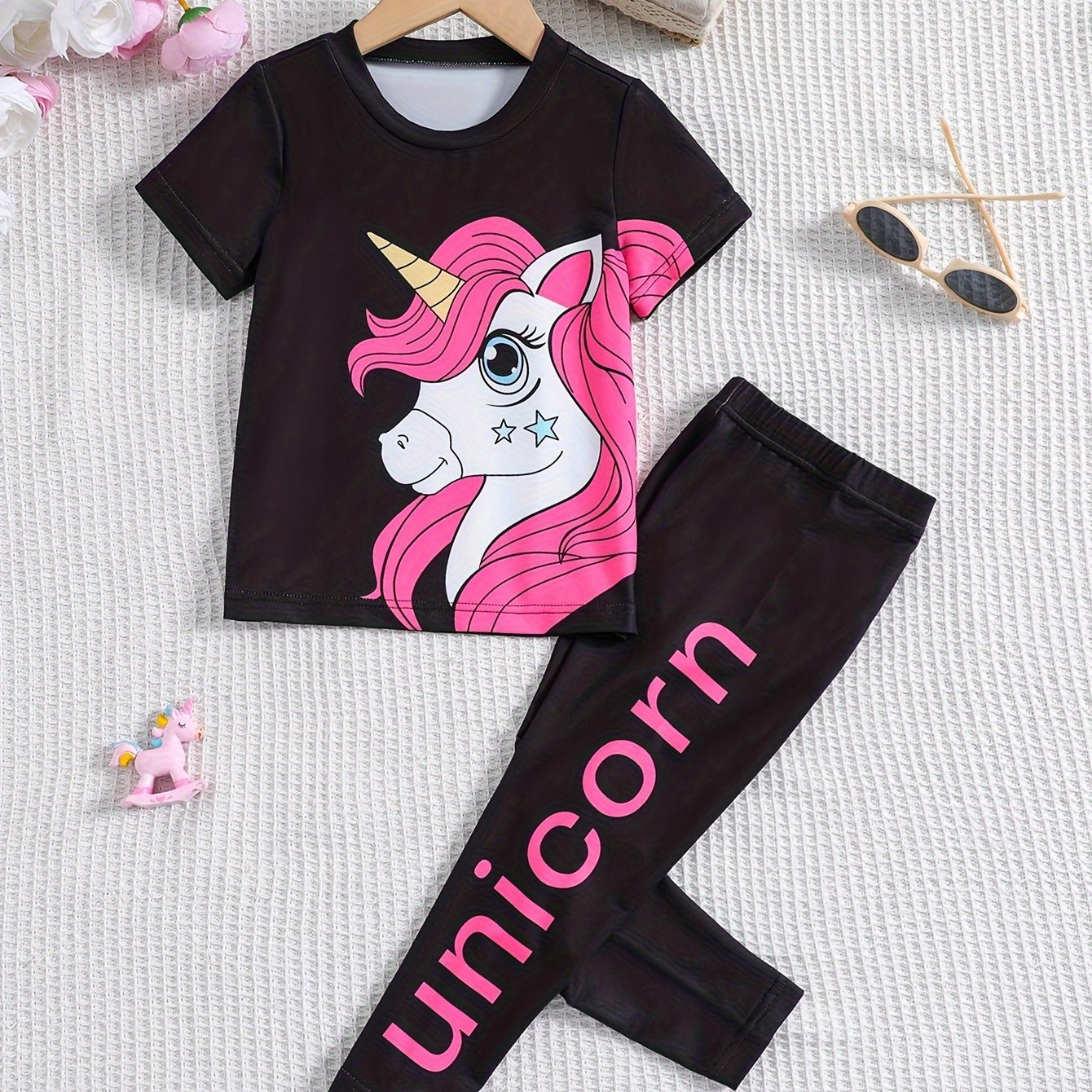 TEMU Girls' Set: Fashionable Short Sleeve Top And Leggings Set With Unicorn Print In English For Stylish Girls, Outdoor