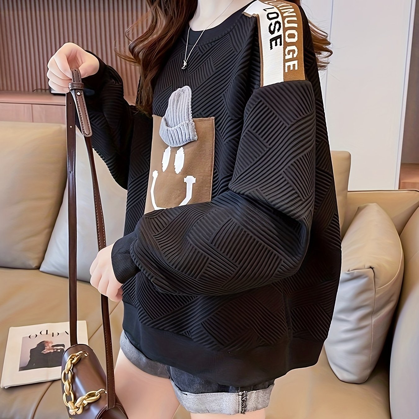 /autumn Loose Fit Thin Sweatshirt With Jacquard Collar For Women