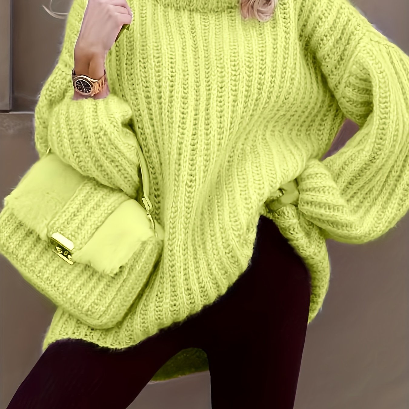 Solid Turtle Neck Chunky Knit Sweater, Casual Long Sleeve Oversized Sweater  For Fall & Winter, Women's Clothing