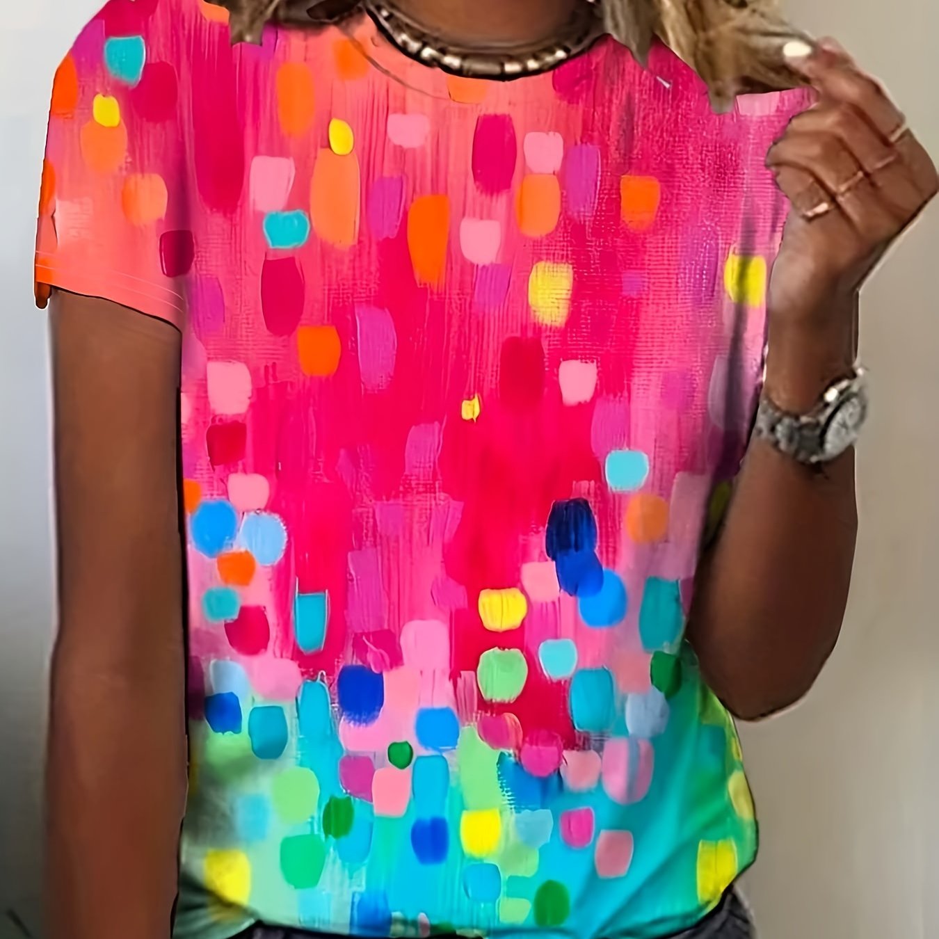 TEMU Camiseta Con Estampado Abstracto, Camiseta Informal De Verano De Manga Corta Con Cuello Redondo, Ropa De Mujer