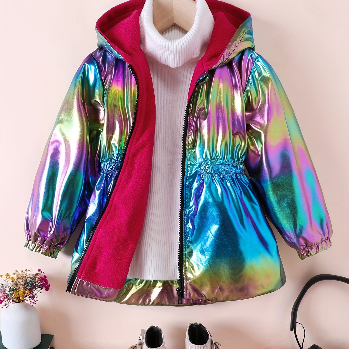 (clothing Length Refers To The Front Piece Measurement. New Autumn/winter Iridescent Gradient Thickened Plush Long Coat For Young Girls.)