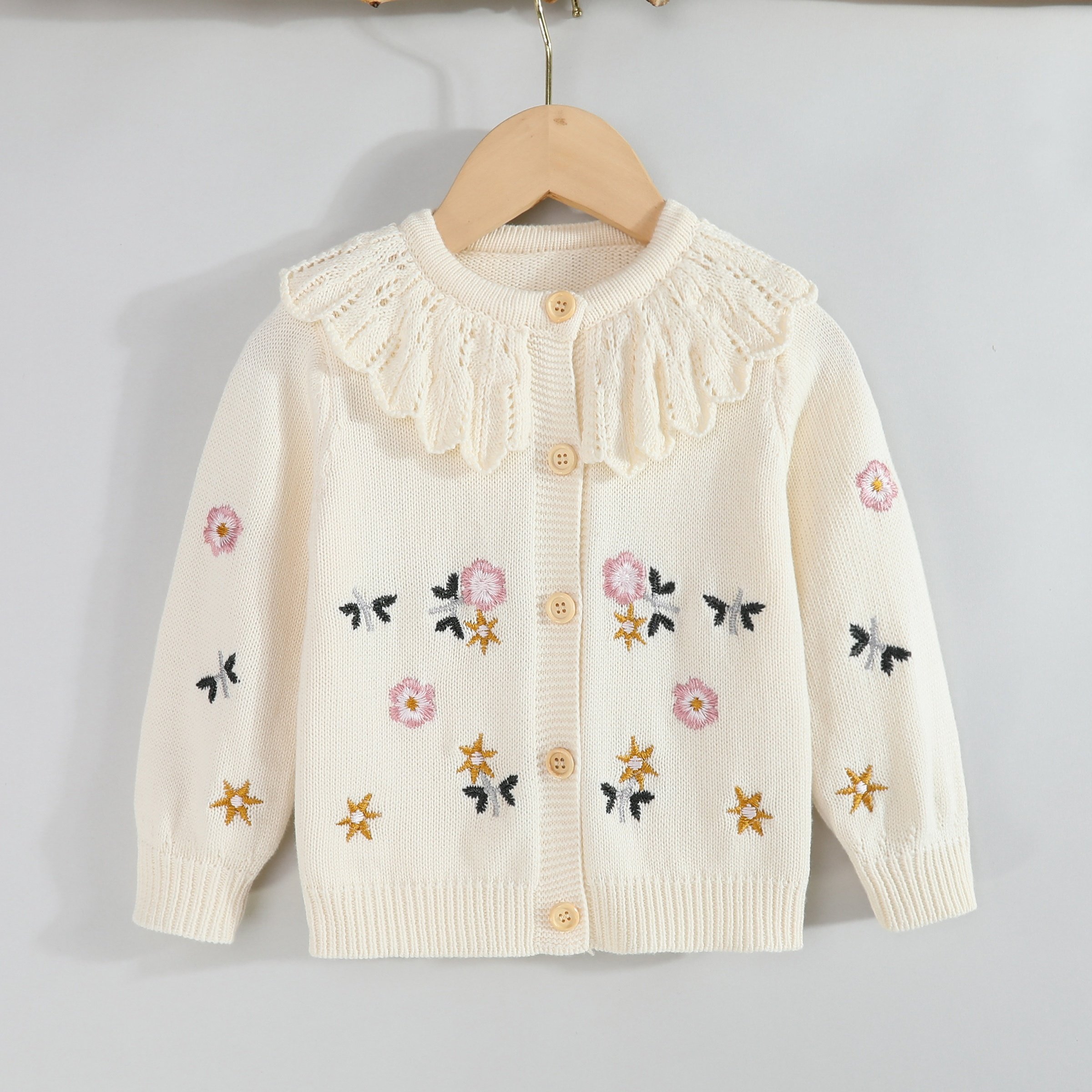Image of 2023 Spring Versatile Baby Girl's Children's Floral Embroidery Ruffle Collar Knitted Pure Cotton Long-sleeve Cardigan Outerwear Children's Clothing