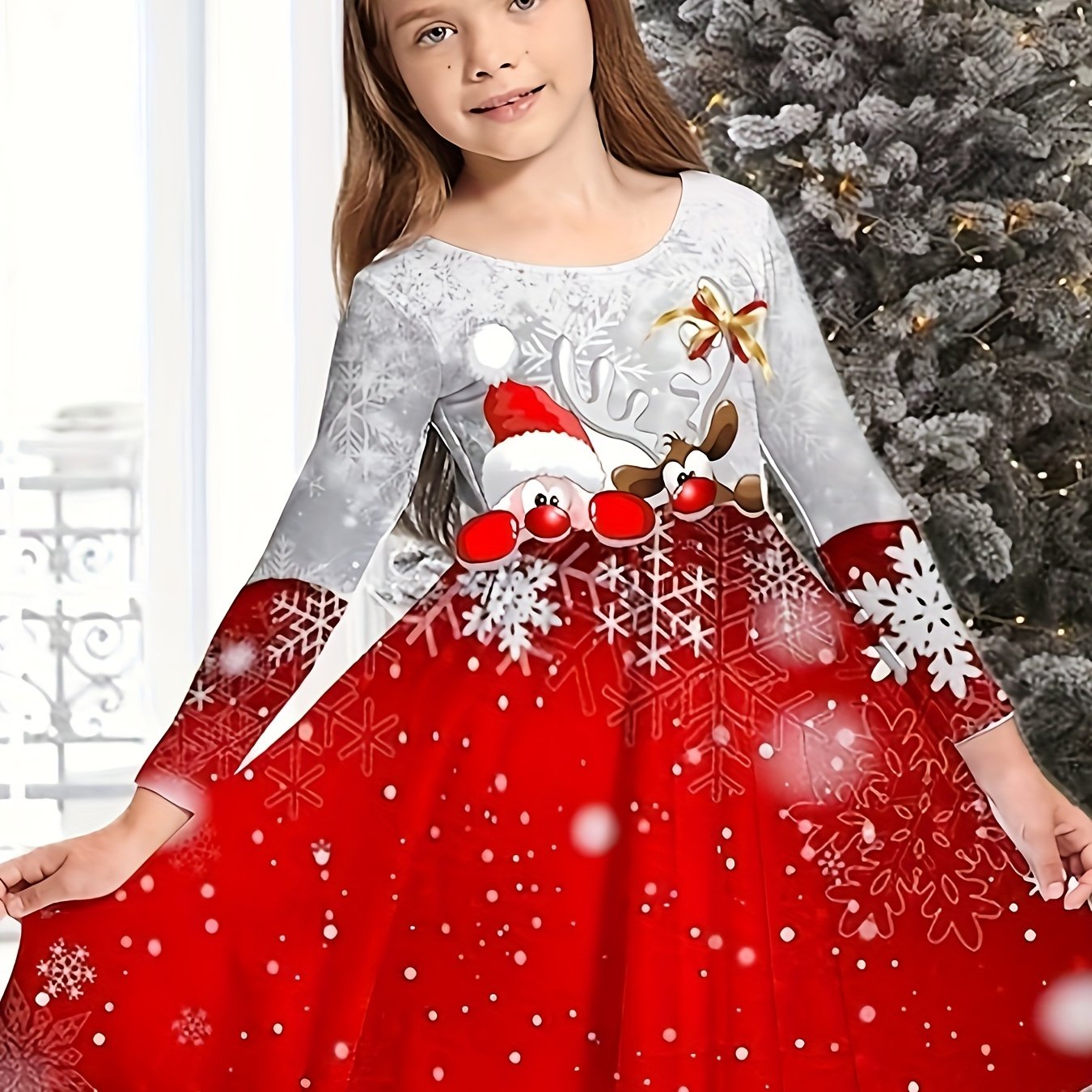 girls christmas print maxi dress flared long sleeve loose - Temu